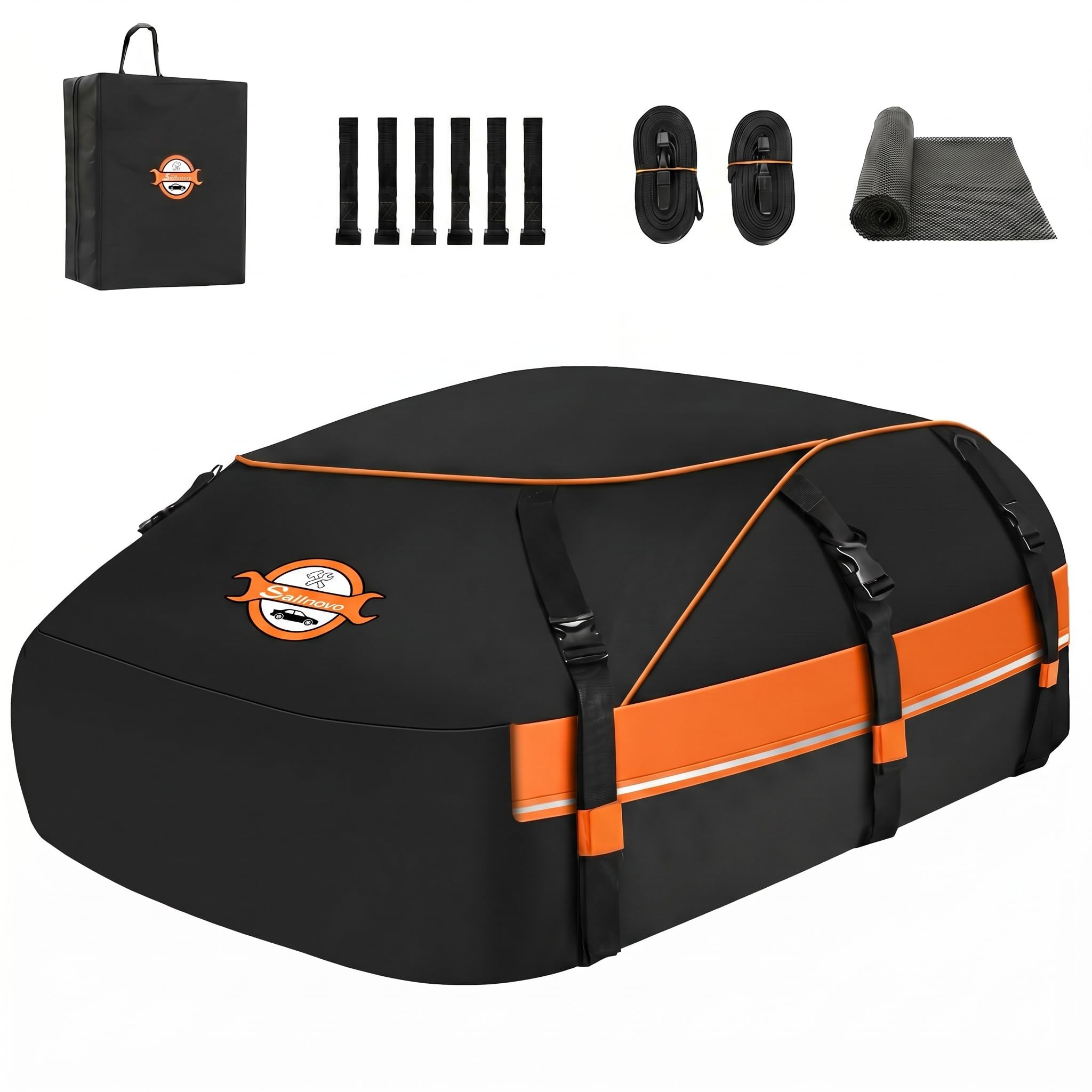 sailnovo rooftop cargo carrier, 20 cubic feet soft-shell cargo carrier for top of vehicle with/without roof rack, waterproof car roof cargo carrier with anti-slip mat, reinforced straps, door hooks