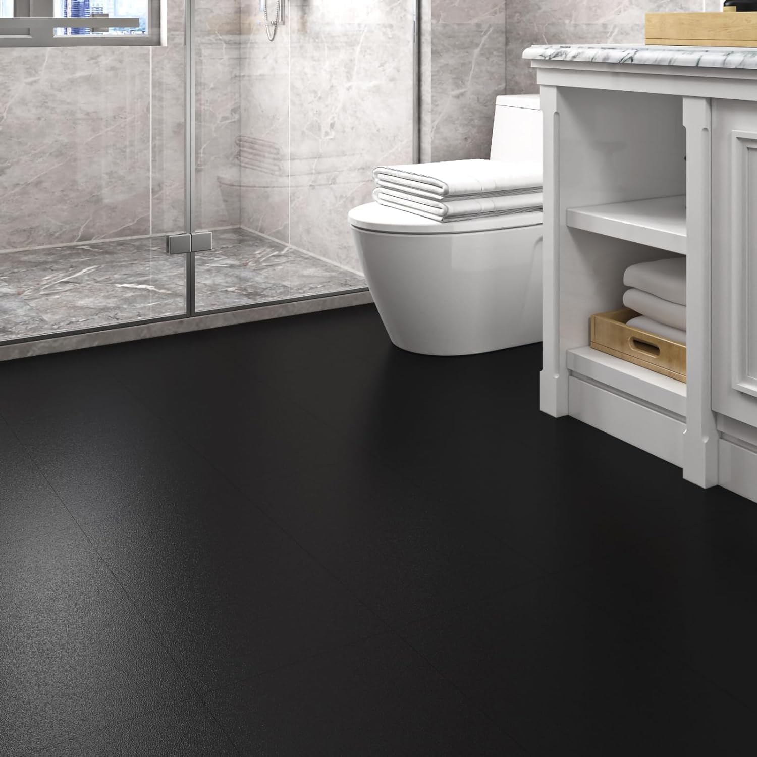 Livelynine 16-Tiles Waterproof Peel and Stick Floor Tile Bathroom Black 24X12 Peel & Stick Tile Flooring Self Adhesive Vinyl Floor Tiles Peel and Stick Kitchen Laminate Flooring Stick on Backsplash