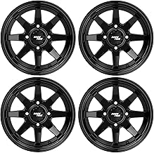 RockTrix RT102 12in Golf Cart Wheels 12x7 Rims, 4x4 4x101.6 Bolt Pattern, 3+4 Offset (-25mm) Compatible with Club Car EZGO Yamaha - Gloss Black, Set of 4