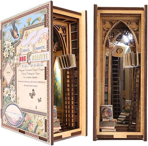Cutefun Kit de rincón de libros para bricolaje, kit de casa en miniatura de bricolaje, kit de rincón de biblioteca, soporte decorativo para libros,