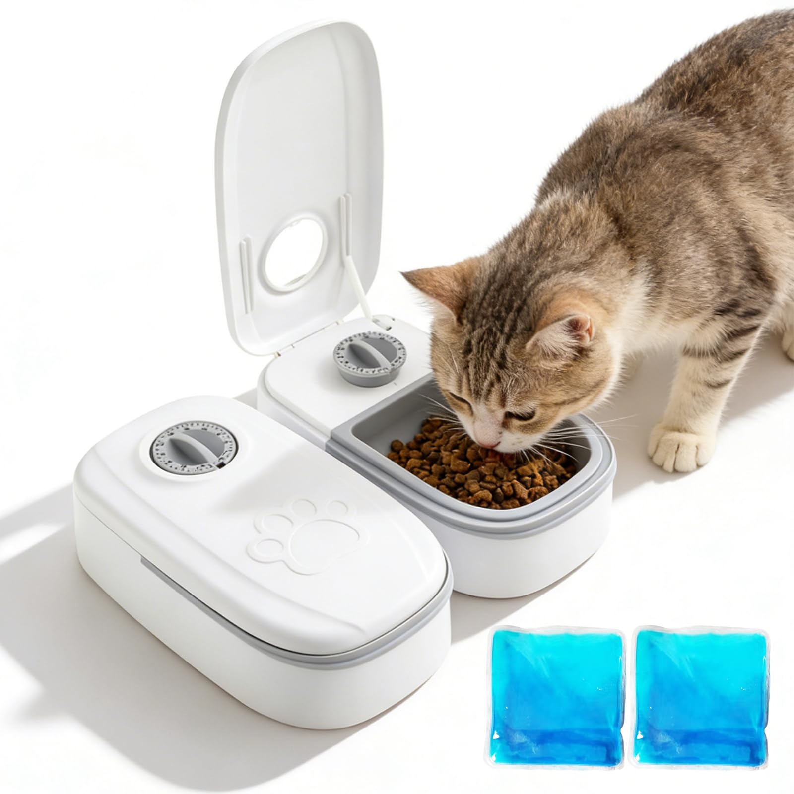 PORFOYO Katzenfutter Automat 2 Mahlzeiten, Futterautomat Katze Nassfutterautomat für Katzen, mit 48h Timer, 700 ml Trocken- und Nassfutter, für Katzen und kleine Hunde