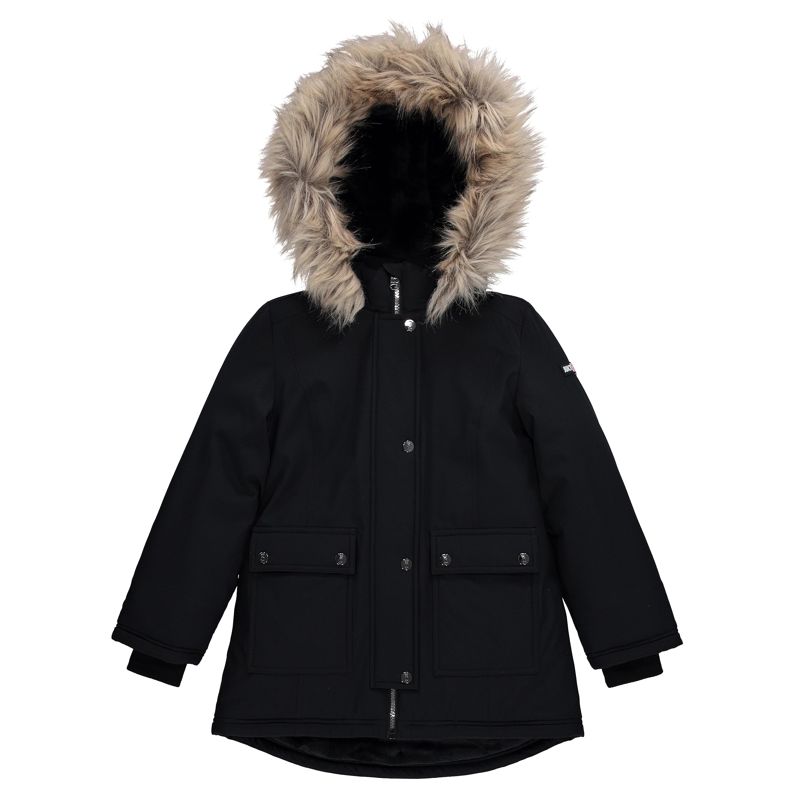 Juicy Couture Cappotto da ragazza, giacca invernale con cappuccio in pelliccia sintetica, calda e imbottita, cappotto invernale per bambini, nero7z104, 7-8, Black7Z104, S