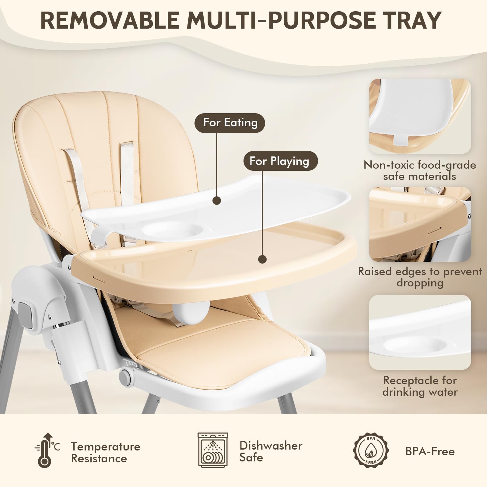 Chaise haute bébé pliante 4en1, 4 Positions d'Inclinaison, Hauteur réglable, Chaise haute enfant avec plateau amovible et roulettes, évolutive avec ceinture à 5 points, Beige