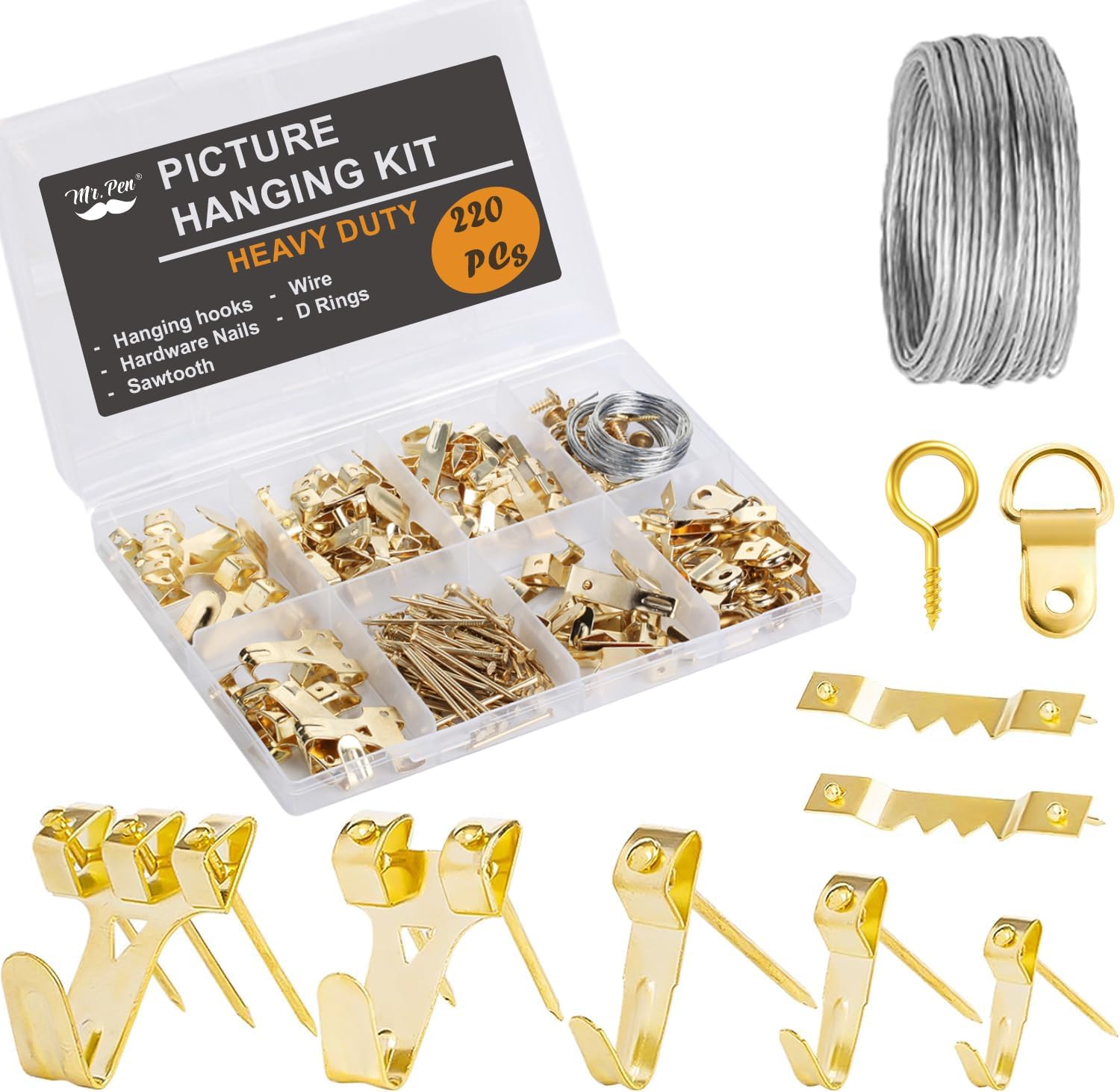 Mr. Pen- Picture Hanging Kit, 220 pcs, Gold, Assorted Hooks, Nails, Sawtooth Hangers, D-Rings, Steel Wire, Ring Hooks, Home Wall Mount Hardware for Frames, Canvas, Décor