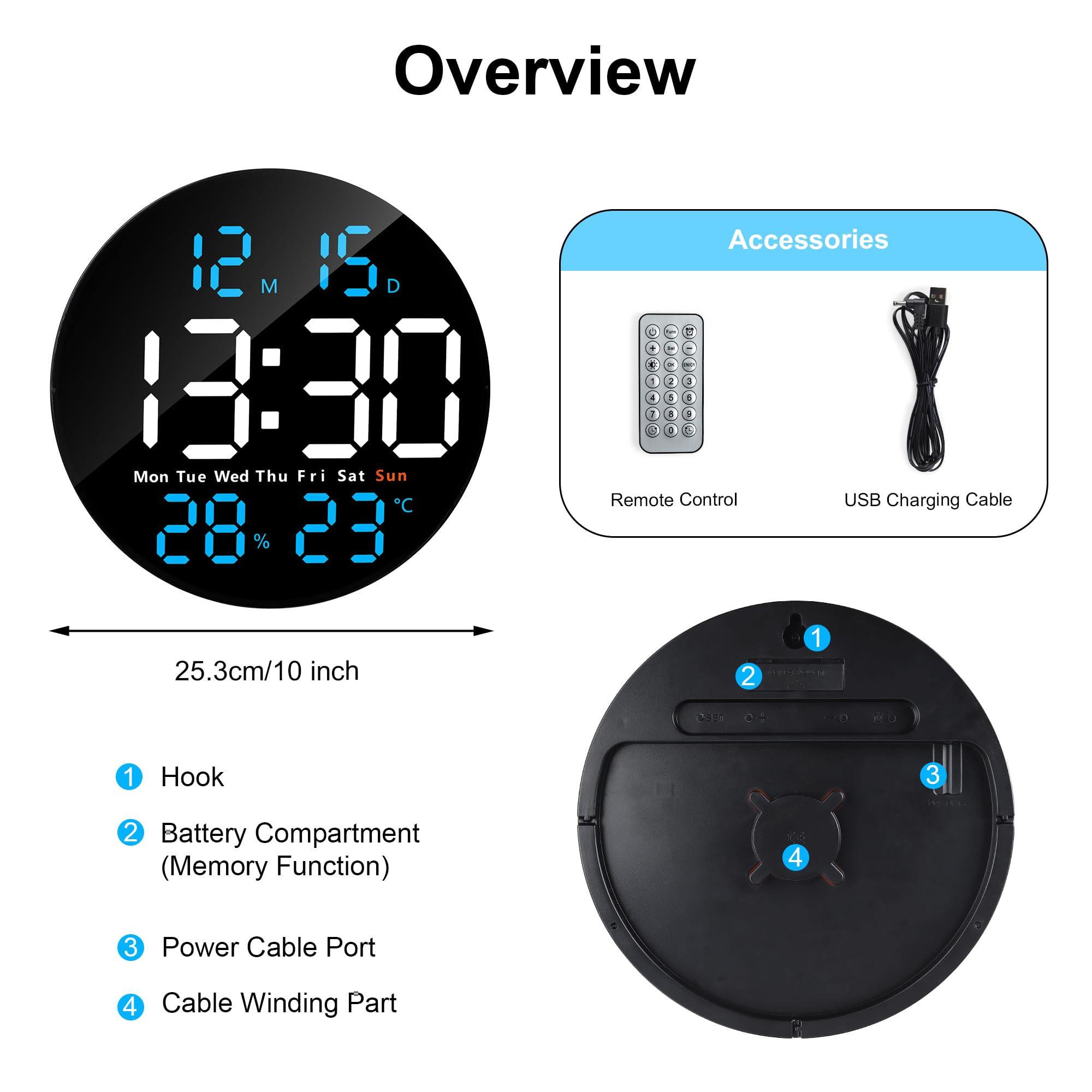 Lafocuse Reloj de Pared Digital con Grande Pantalla LED 25CM, Silencioso Relojes con Control Remoto, Temperatura, Fecha, 2 Alarmas, Cuenta Atrás, Brillo Ajustable para Salon Cocina Oficina, Azul