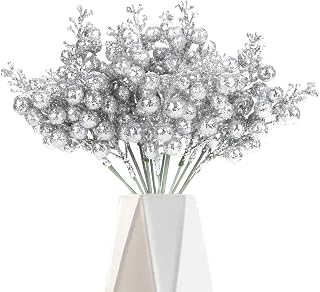 24 Pack 7.8 Inches Christmas Tree Picks and Sprays, Christmas Tree Filler Decorations, Christmas Glitter Berry Stem Ornaments for Christmas Decorations Winter Craft Holiday Decor, Silver