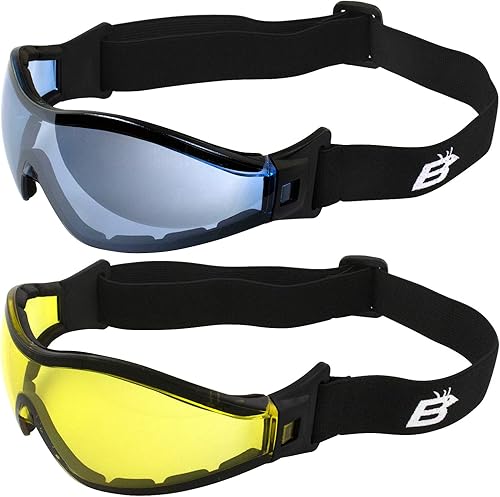 Birdz Gafas Boogie de espuma negra acolchada para motocicleta, esquí, paracaidismo, 2 pares con espejo azul y lentes antiniebla amarillas