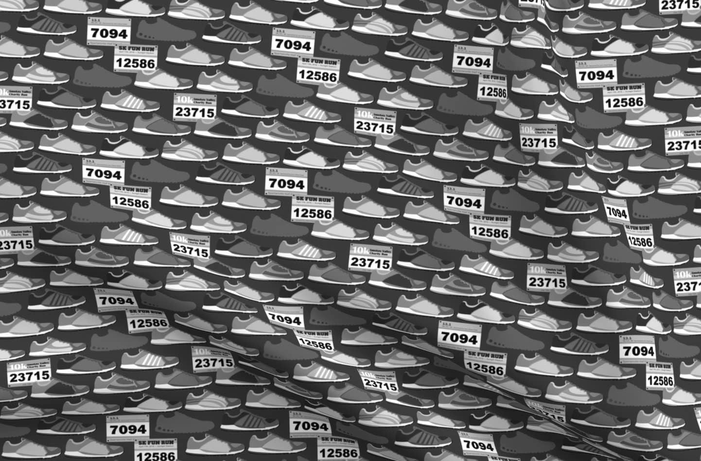 Spoonflower Fabric - Running Shoes & Race Bibs Grayscale Marathon Fitness Exercise Run Printed on Polartec(R) Fleece Fabric by The Yard - Sewing Blankets Loungewear and No-Sew Projects