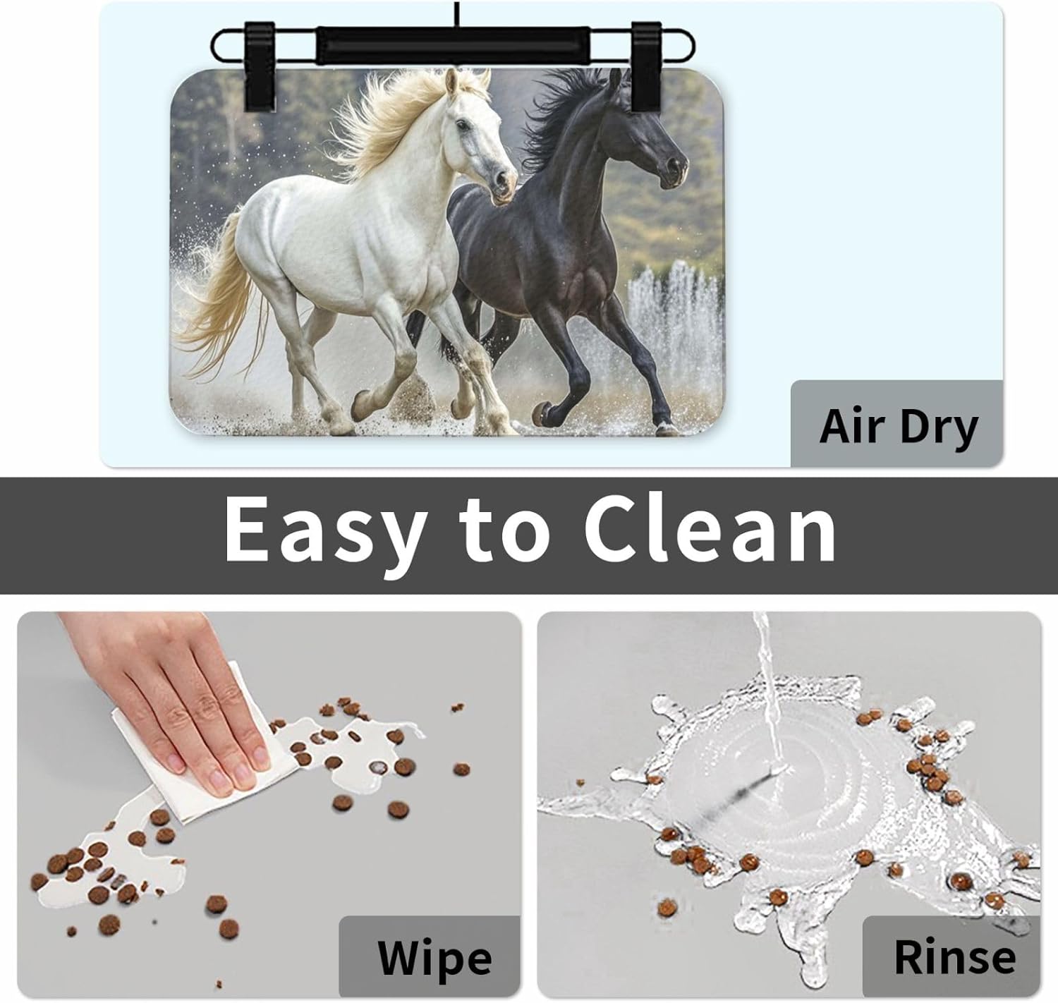 Pet Feeding Mat Leather Dog Food Mat Waterproof Pet Tablecloth Black and White Horses Running Pet Placemat for Dogs Absorbent Dog Bowl Mat Anti-Slip Dogs Mats for Food and Water