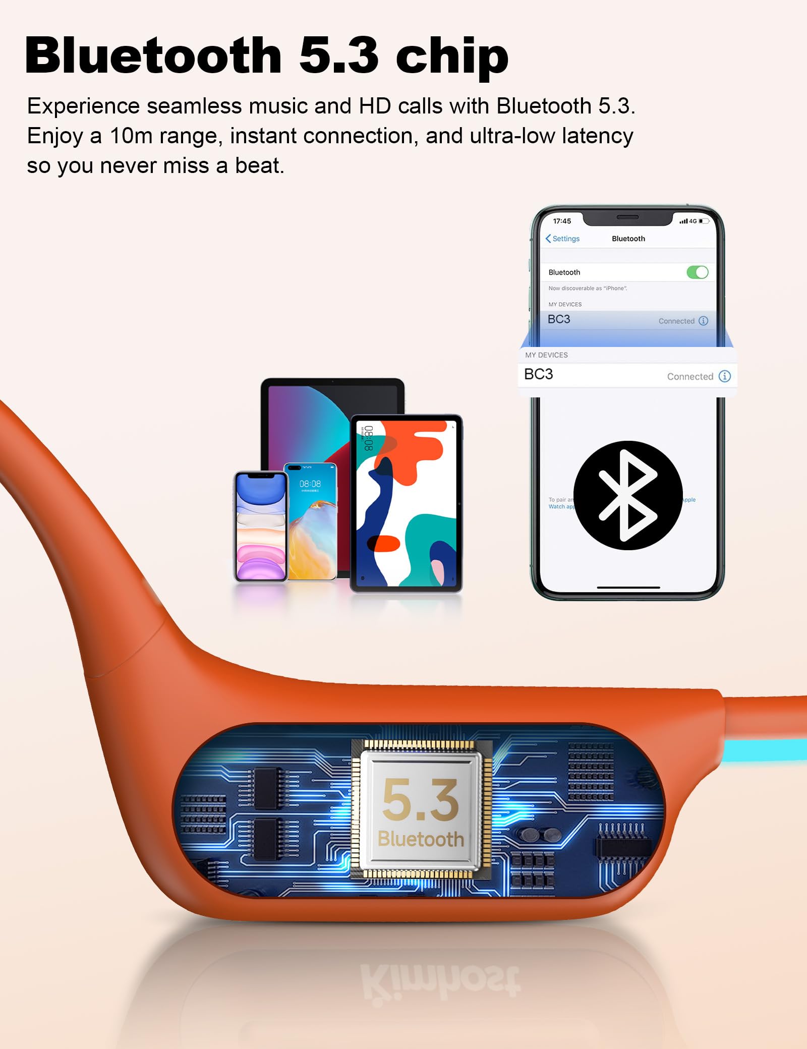 Cuffie a conduzione ossea, auricolari aperti con modalità MP3, 32 GB, 10 ore di autonomia, IP68, impermeabili, per nuoto, vestibilità sicura per corsa, ciclismo, lavoro, regalo (arancione)