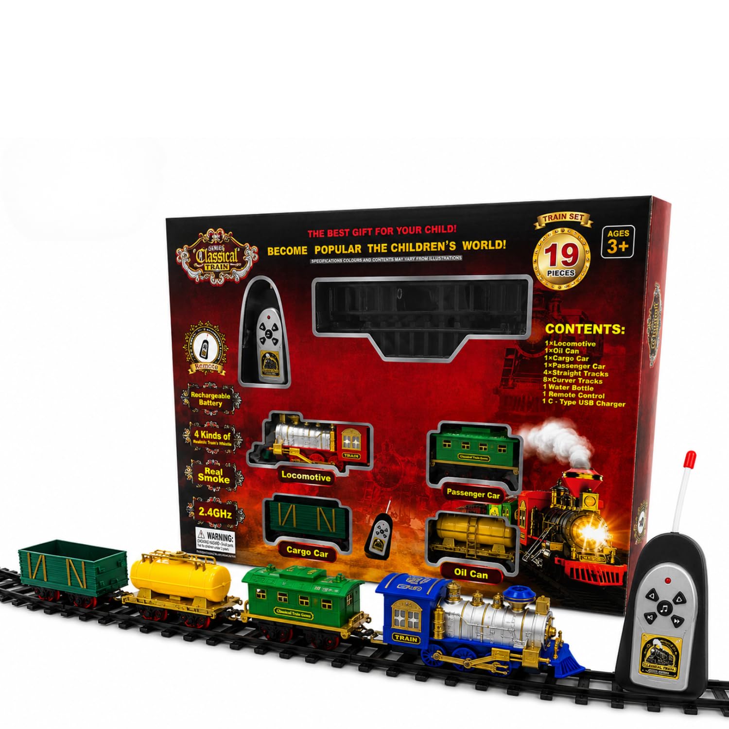 Remote Control Toy Train for Boys | Rechargeable 2.4GHz Railway Set with Smoke Effect, LED Lights, Music, Engine Coach, Cargo Tanker & Easy Build Track System-image-46