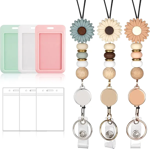 Qoroos 9 in 3 Sets Retractable Lanyards for ID Badges with ID Holder Teacher Lanyard for Women Cute Nurse School Silicone Beaded with Badge Reel
