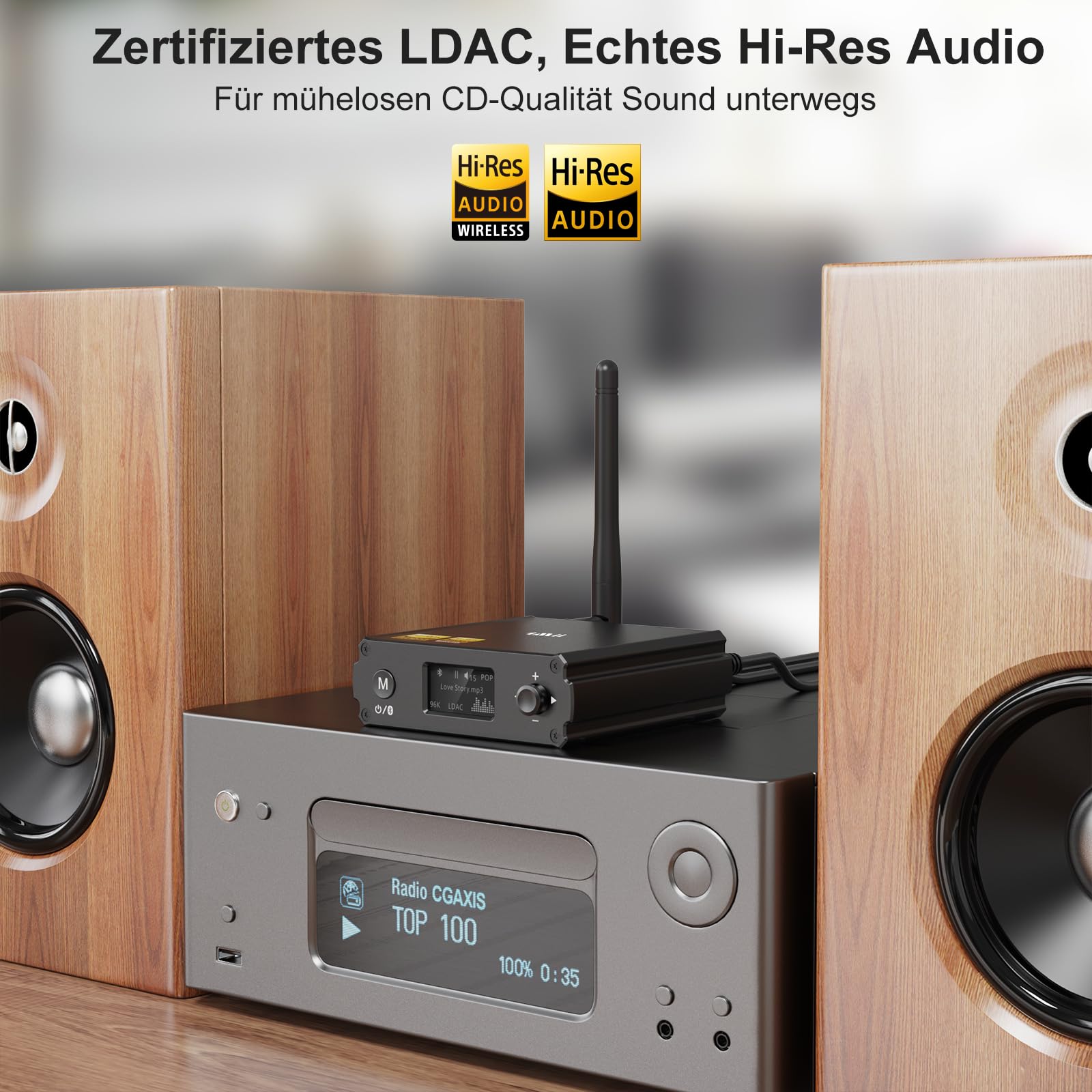 1Mii DS220 Bluetooth 5.3 HiFi Receiver mit OLED-Display & EQ-Modus – LDAC & aptX HD/Low Latency, Audio Adapter mit DAC für Stereoanlage, Optischer, RCA & USB-Anschluss