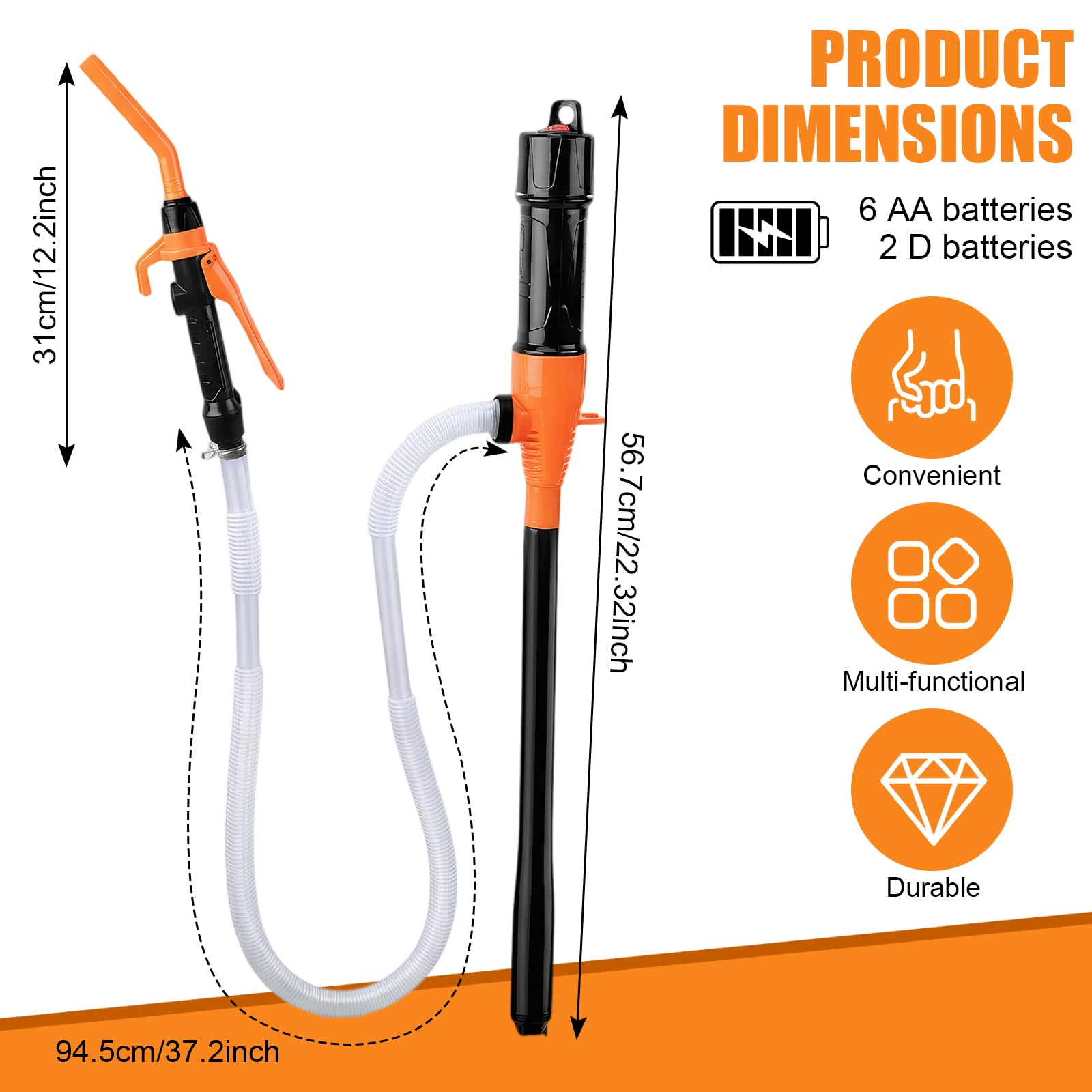 Pompe de Transfert Électrique sur Batterie, Pompe à Carburant, Pomp Siphon Portable pour Liquides, Pompes à Gasoil avec Tuyau, 3,5 GPM pour Essence, Diesel (Orange)