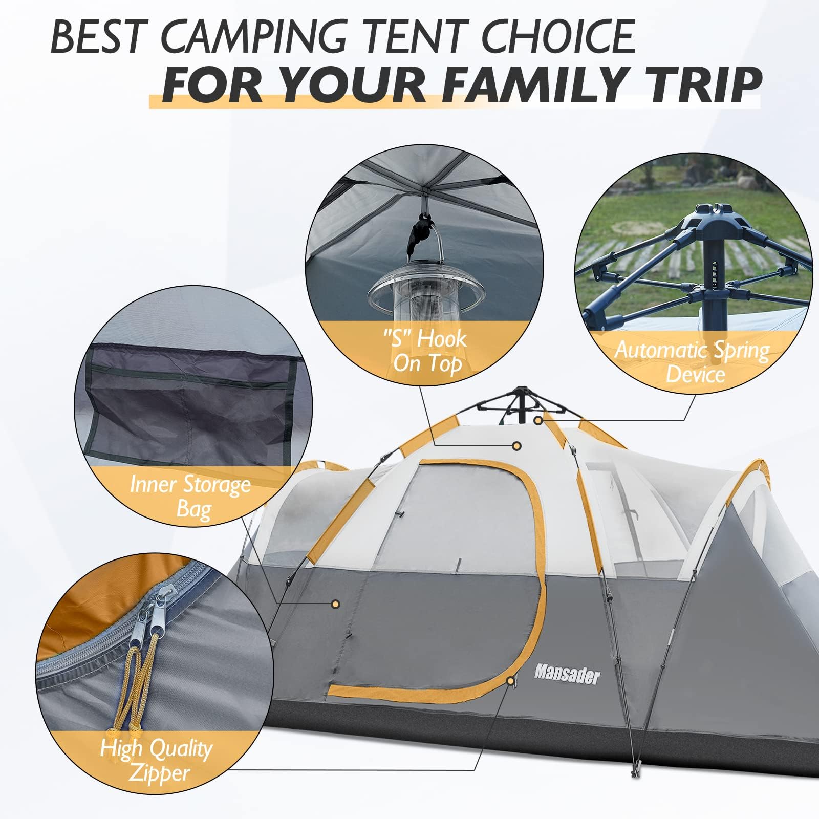 6 Person Family Camping Pop Up Tent, Waterproof Windproof with Top Rainfly, Easy Set Up Tent for Outdoor Camping Hiking Travel