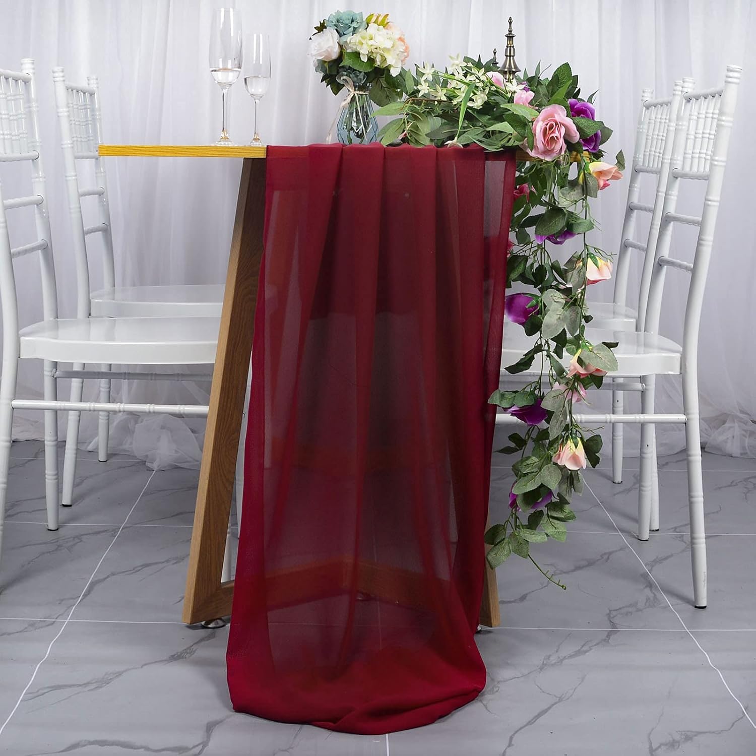 DUOBAO 4 Pack Chiffon Table Runners 29x120 Inches Burgundy Sheer Fabric Runner for Wedding, Party, Bridal Shower Decor, Elegant Dining Table Runner