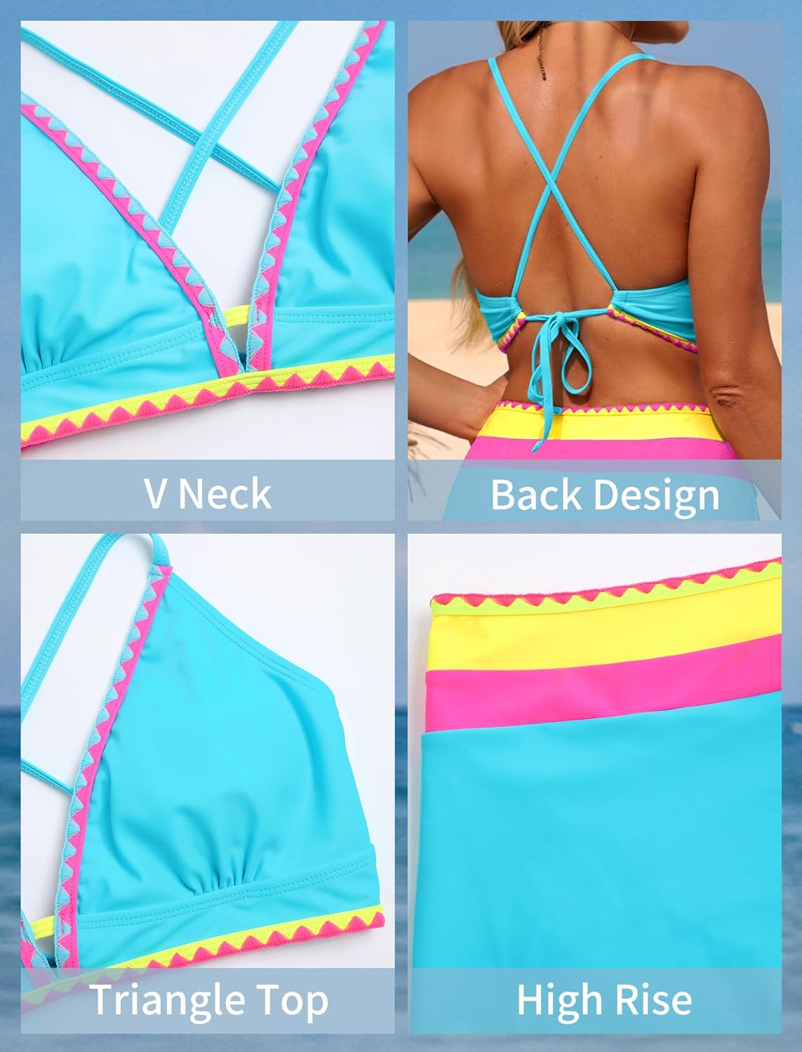 ZAFUL Women's High Waisted Bikini Sets Tummy Control Swim Skirt Color Block String Swimsuit Curvy Bathing Suits - Image 7