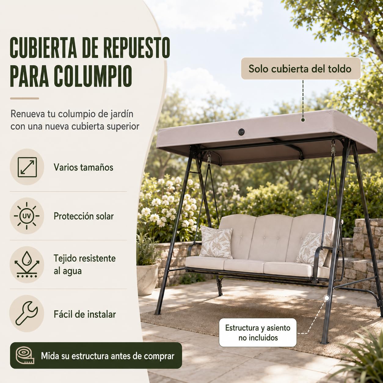 Cubierta de Repuesto para Toldo de Columpio, Techo Impermeable para Balancín de Porche Exterior de 2-3 Plazas, Tela Duradera Resistente a los Rayos UV para Hamaca de Patio (198*125cm)
