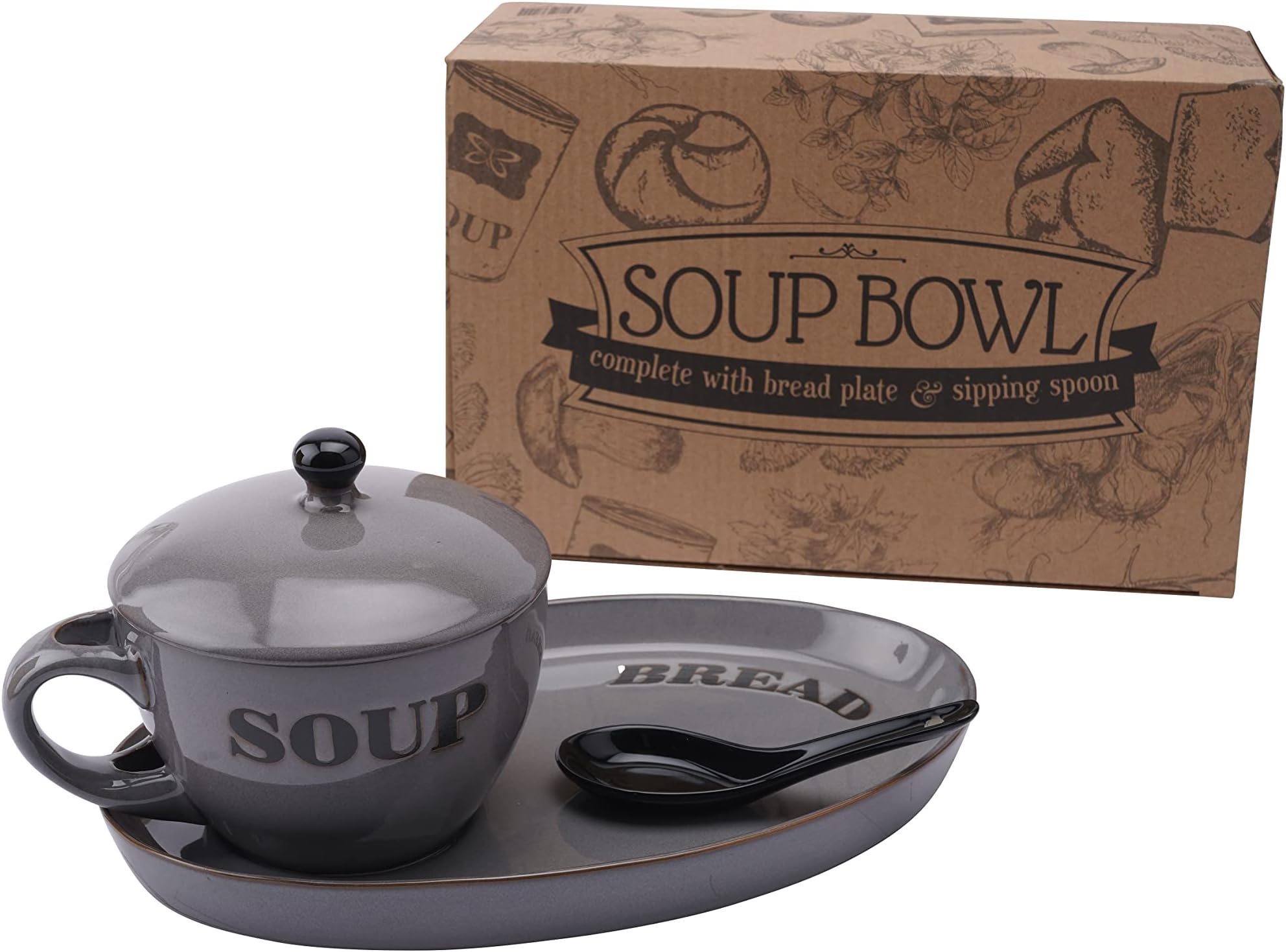 Soup Bowl Dish with Bread Serving Plate and Spoon Set | Grey Country Cottage Kitchen Rustic Style | Microwave and Dishwasher Safe | Individually Gift Boxed