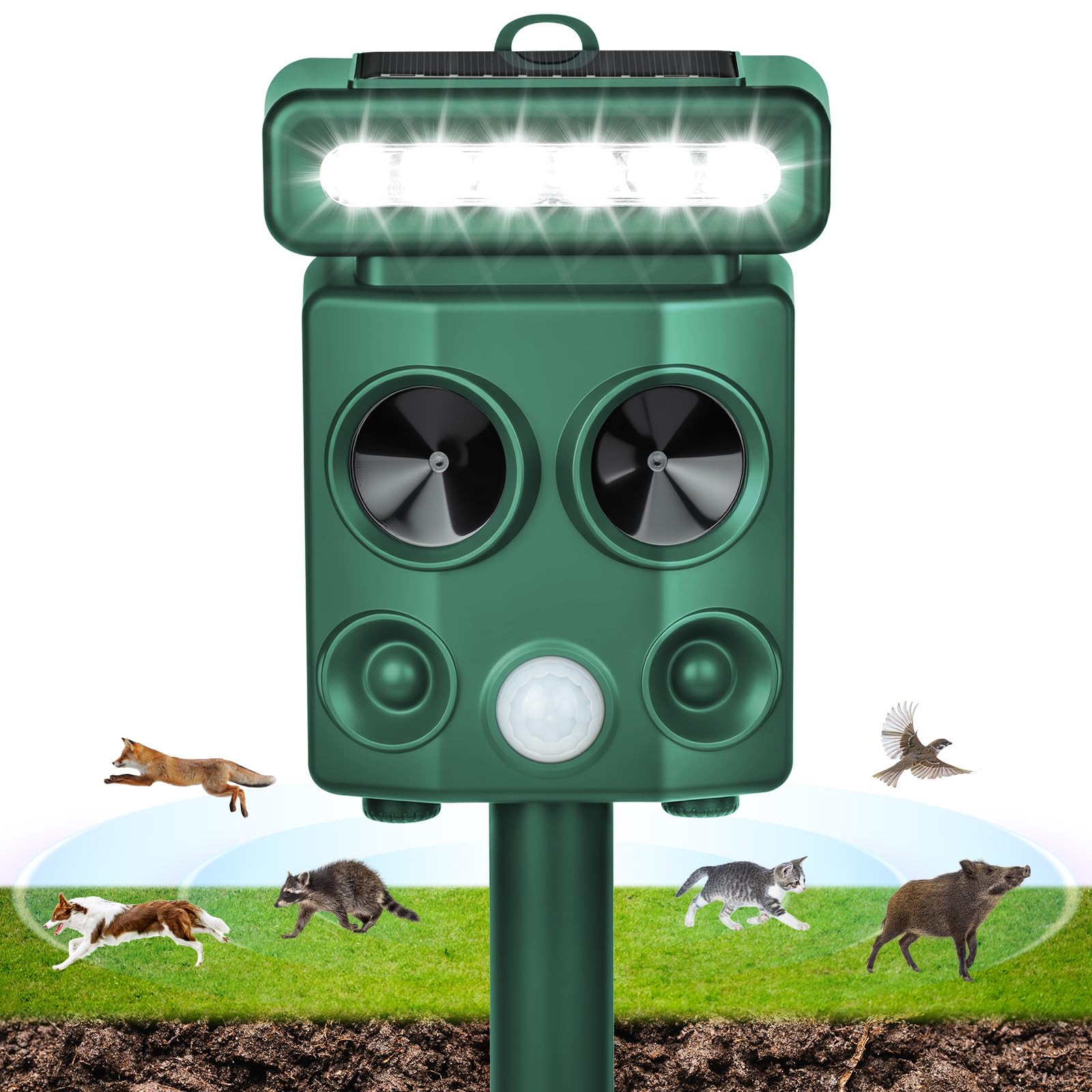 AOOWU Repelente para Gatos, 4 Modos Disuasión Solar Ultrasónico, Ahuyentador de Gatos IPX6 Impermeable, Carga USB Repelente al Aire Libre para Animales con LED Lámpara, Repelene Perros, Pájaros, Gatos