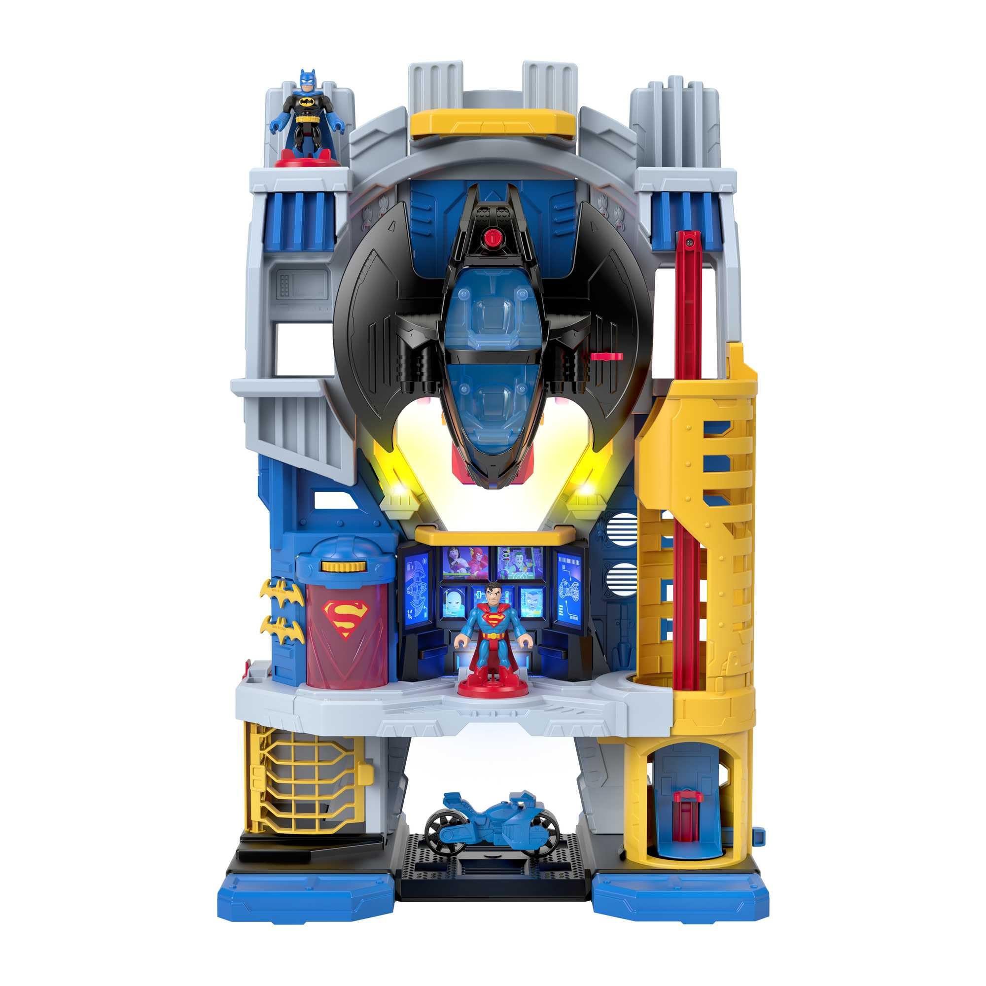 Imaginext DC Super Friends - Super Quartier Generale, playset con luci e suoni alto 60 cm, con personaggi Batman e Superman, Batmoto e tanti accessori inclusi, giocattolo per bambini, 3+ anni, HNW08