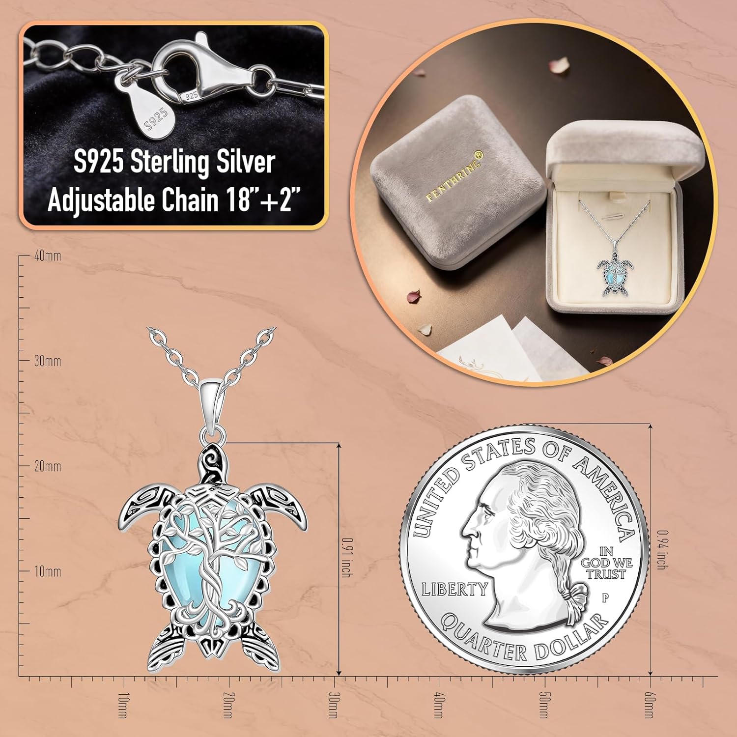 Fenthring Sea Turtle Necklace for Women Moonstone Tree of Life Necklace Sterling Silver Sea Turtle Necklaces Turtles Pendant Mothers Day Gifts - Image 6