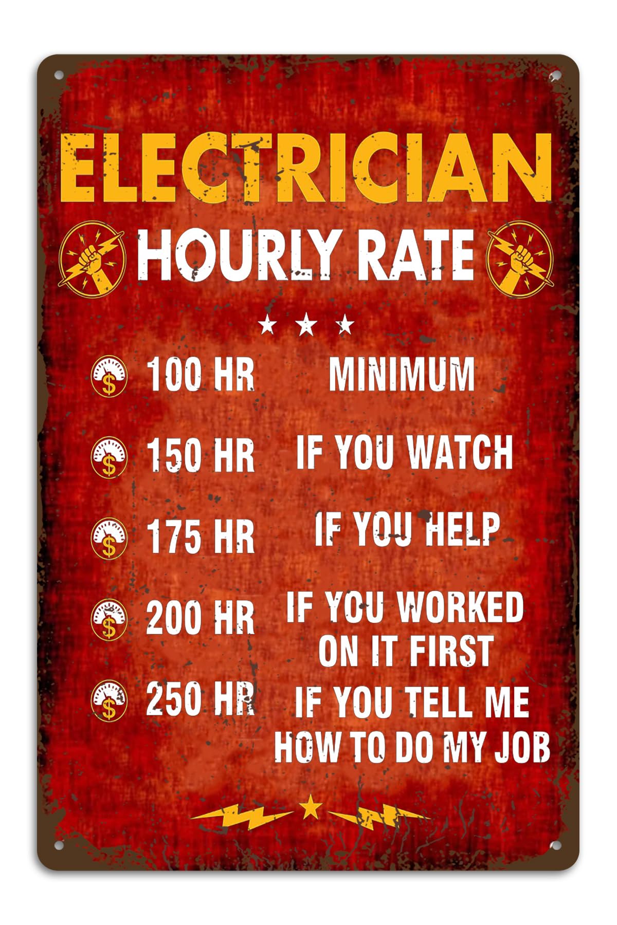 Funny Mechanic Shop Sign Electrician Hourly Rate Metal Tin Sign Vintage Garage Shop Rates Signs Mechanical Garage Accessories Auto Garage Decor Tool Wall Art Signs 8x12 Inch