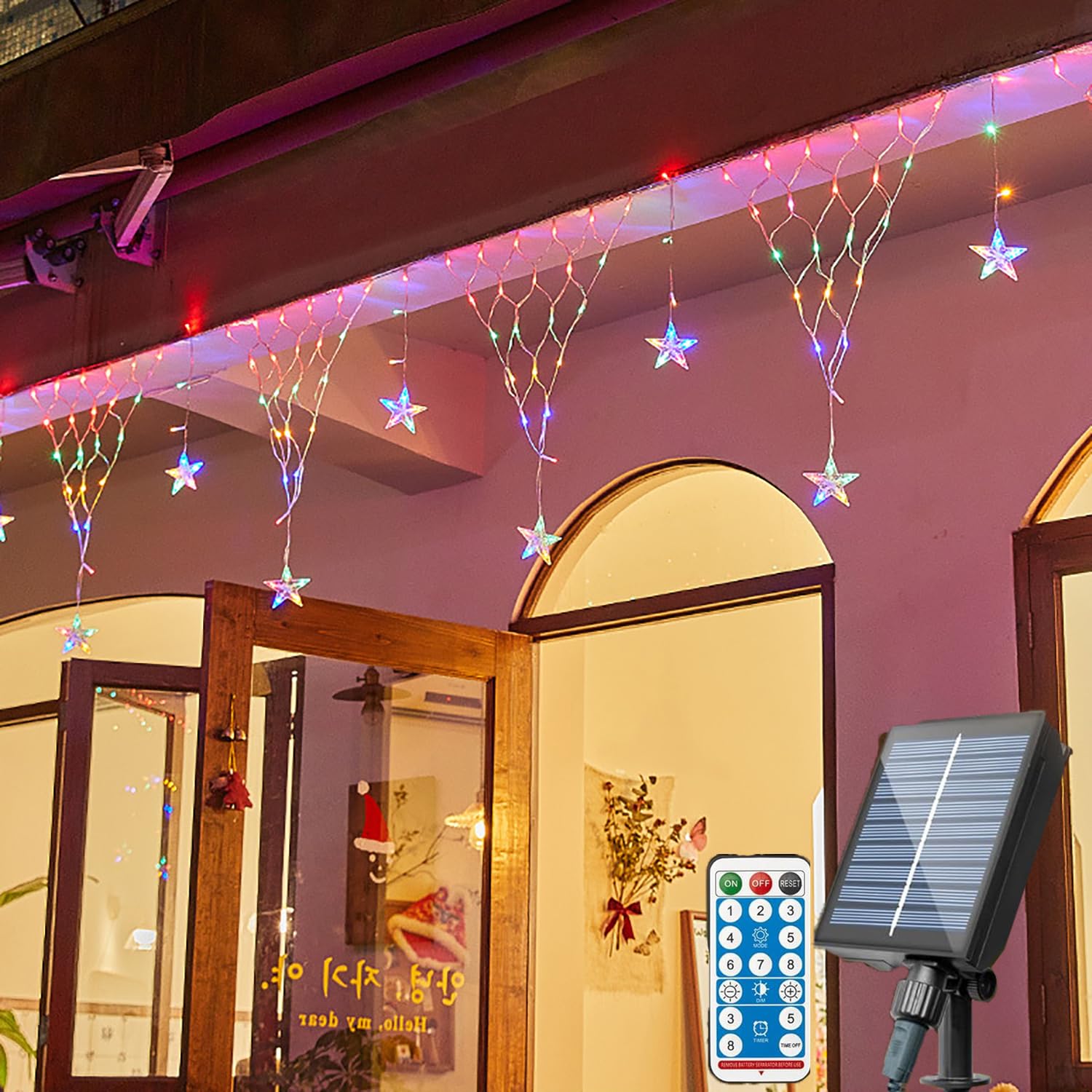 Solar Lichterkette Aussen 4m 196LED Lichternetz Mit Fernbedienung Wasserdicht Hängen Lichtervorhang Dekorations Patio Licht Weihnachten beleuchtung für Garten Terrasse Hochzeit (Mehrfarbig)