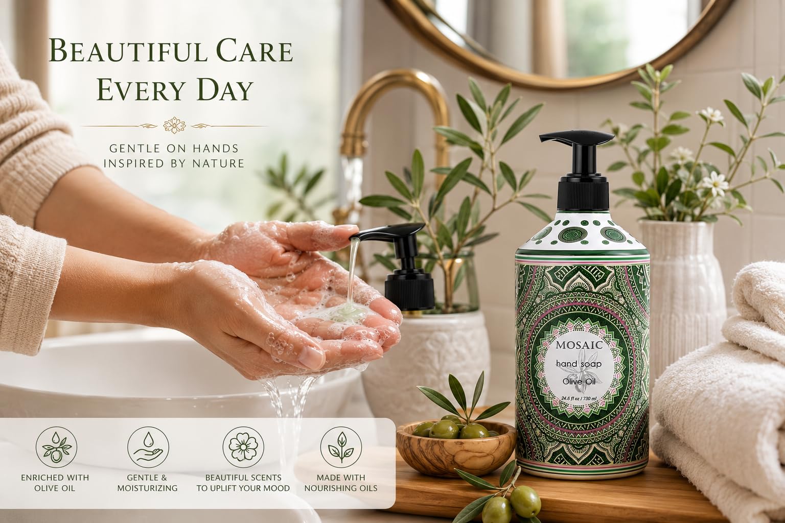 Mosaic - Juego de jabón líquido para manos y jabón de manos, ideal para baño y cocina, aceite de oliva + coco e hibisco + Gardenia + flor de naranja, 4 x 727 ml cada botella de jabón líquido