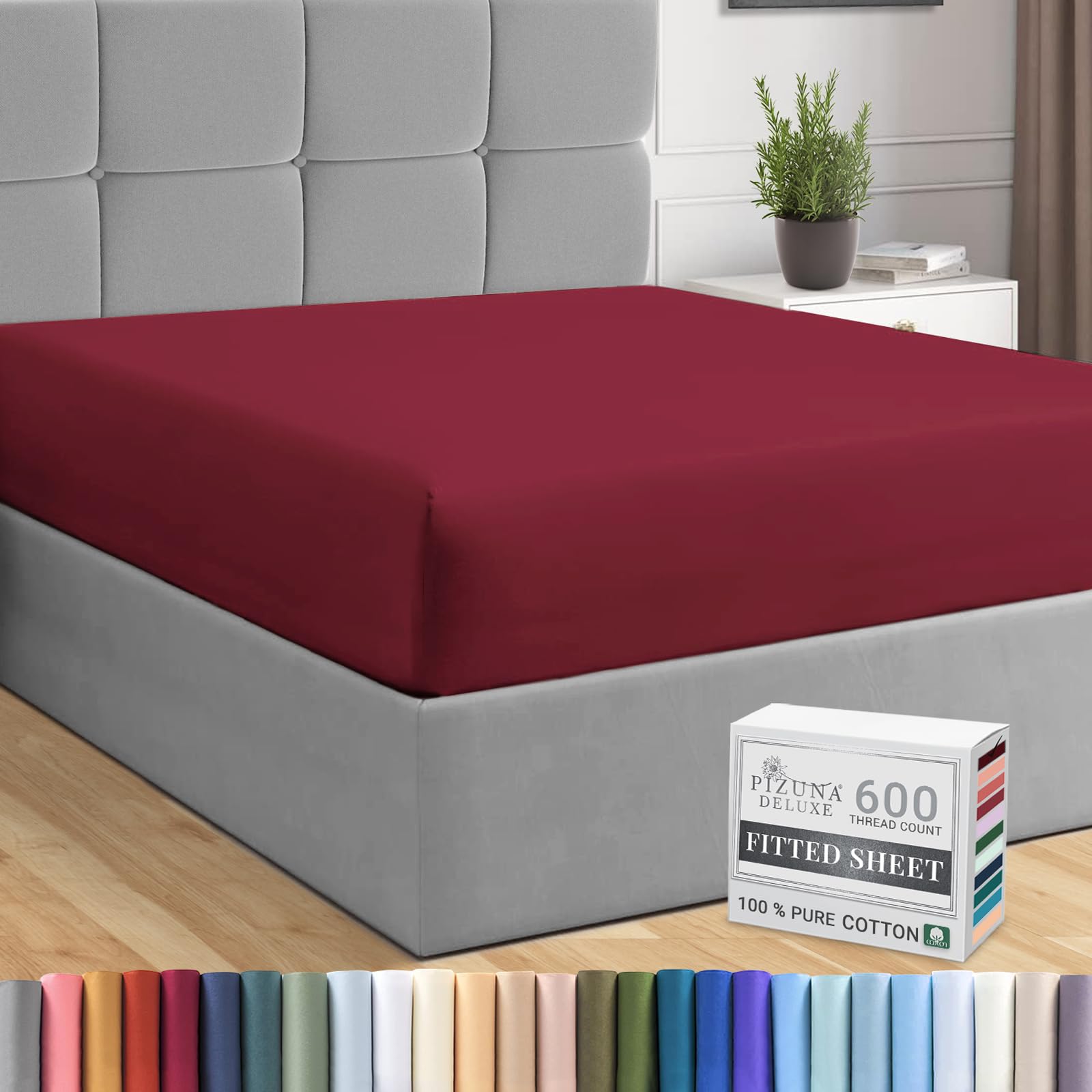 Pizuna Rio Red Pure Combed Cotton Fitted Sheets 600 Thread Count 100% Long Staple Cotton Emperor Fitted Sheets 200X200cm, Sateen Weave Emperor Fitted Sheet Extra Deep 40 Cm 1 Pc