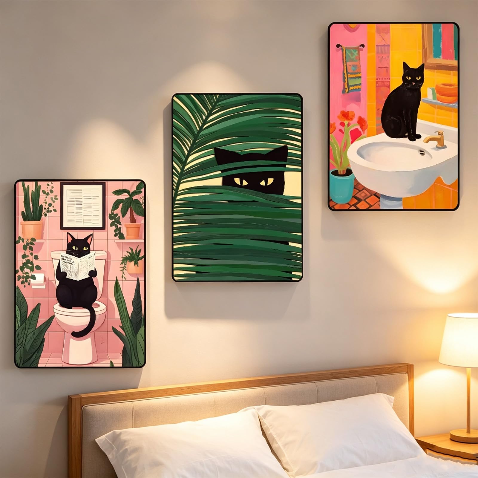 ZBELLO Set of 3 Funny Black Cat Bathroom Wall Art Prints, Colorful Cartoon Cat Poster, Tropical Green Plant Decor, Unframed Bathroom Decor Pictures (21x30cm,cat)