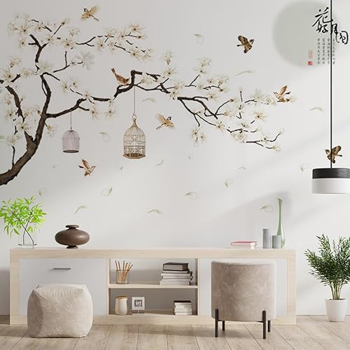 Miniatura 4 de Calcomanías de pared (73.62 x 50.39 pulgadas) de rama de árbol, jaula de pájaro, luna, calcomanías de pared de flores, pájaros, ramas de árbol,