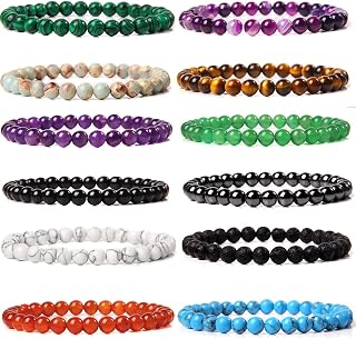 12Pcs 6mm Gemstone Beaded Bracelets for Women Tiny Crushed Stone Crystal Bracelet Beaded Couples Stretch Unisex Stretch Bracelets Jewelry