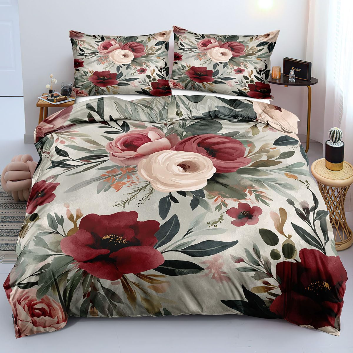 Parure de Lit Réversible avec Fermeture Éclair Housse de Couette 140x200 Motif Fleurs Aquarelle