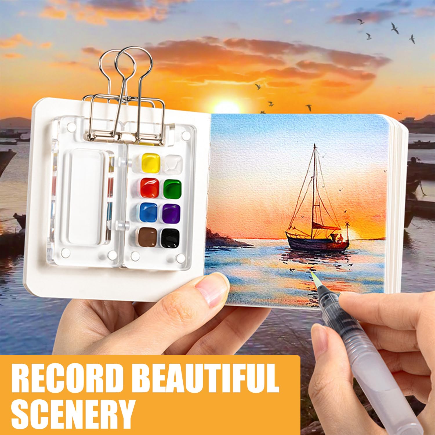 Mini-Reise-Aquarell-Set, Taschenkünstler, Aquarell-Reiseset, Gitterpalette, Skizzenbuch mit Binder-Clips, Kunstmalerei-Set für Maler, Künstler, Studenten