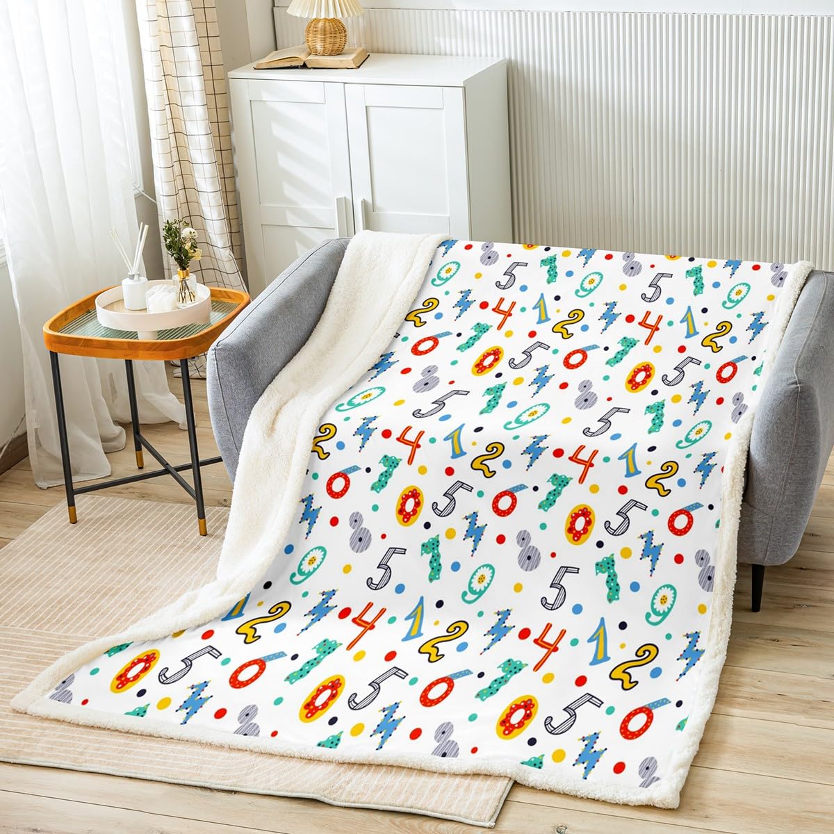 Homemissing Multicolored 13215 Cartoon Number Sherpa Blanket Hand Drawn Fleece Throw Blanket For Bed Sofa Kids Cute Plush Blanket Utra Soft Colorful Digital Number Fuzzy Blanket Bedroom Graffiti Number Single 50X60 Inch