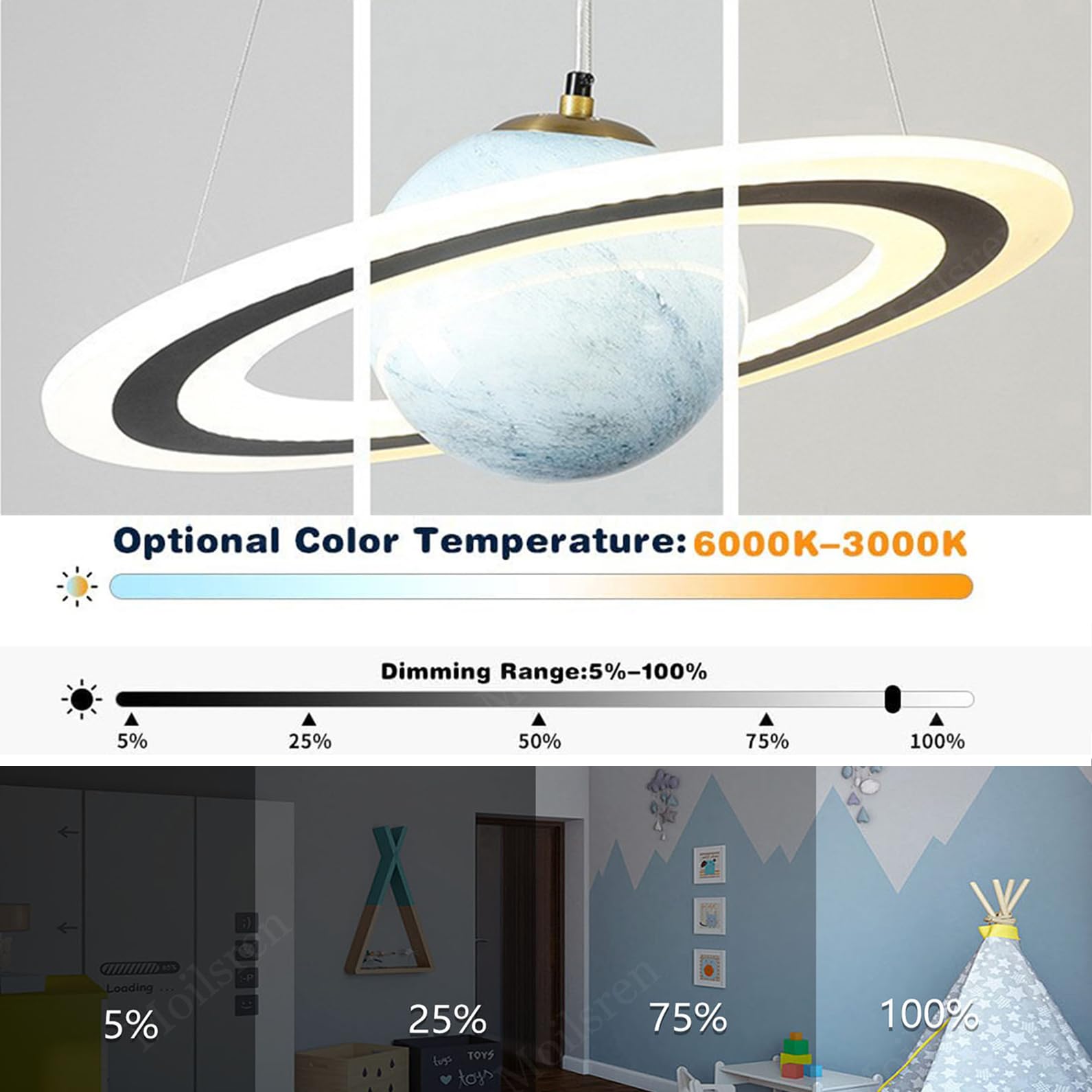 LED Hängelampe Kinderzimmer Planet Pendelleuchten, Kinderzimmer Lampe Decke Junge Mädchen, Glas Lampenschirm Saturn Schlafzimmerlampe Rund LED Hängeleuchten Dimmbar für Jungen Mädchen (Blau)