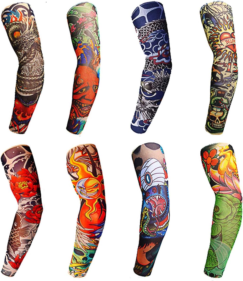 8PCS Tattoo Sleeves Cool Temporary Sunscreen Arm Sleeves for Men Women Cycling Running Driving Sports