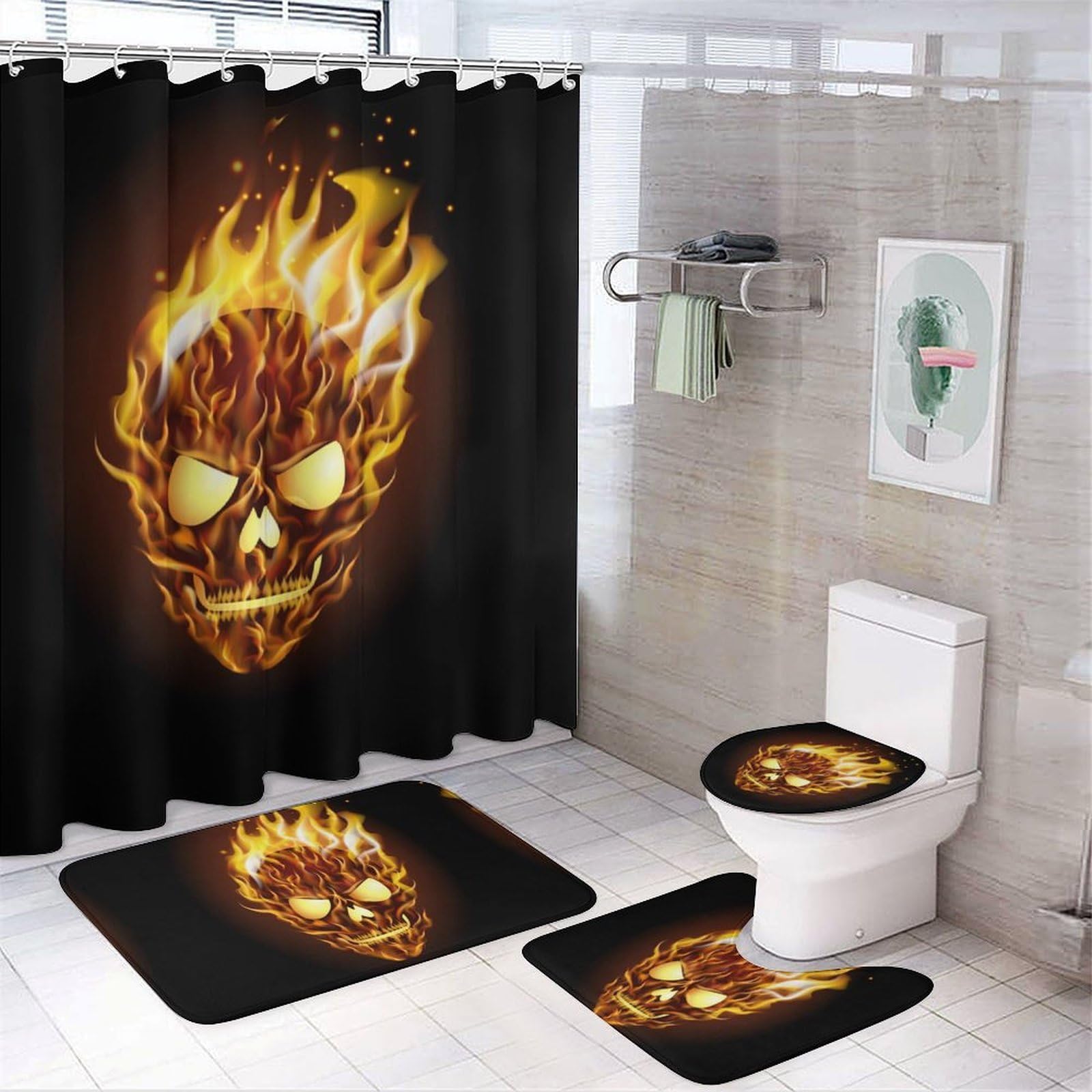 Wlntrophic Bathroom Mat Set 4 Piece, Skull with Flame Shower Curtain with Non-Slip Bath Mats for Bathroom