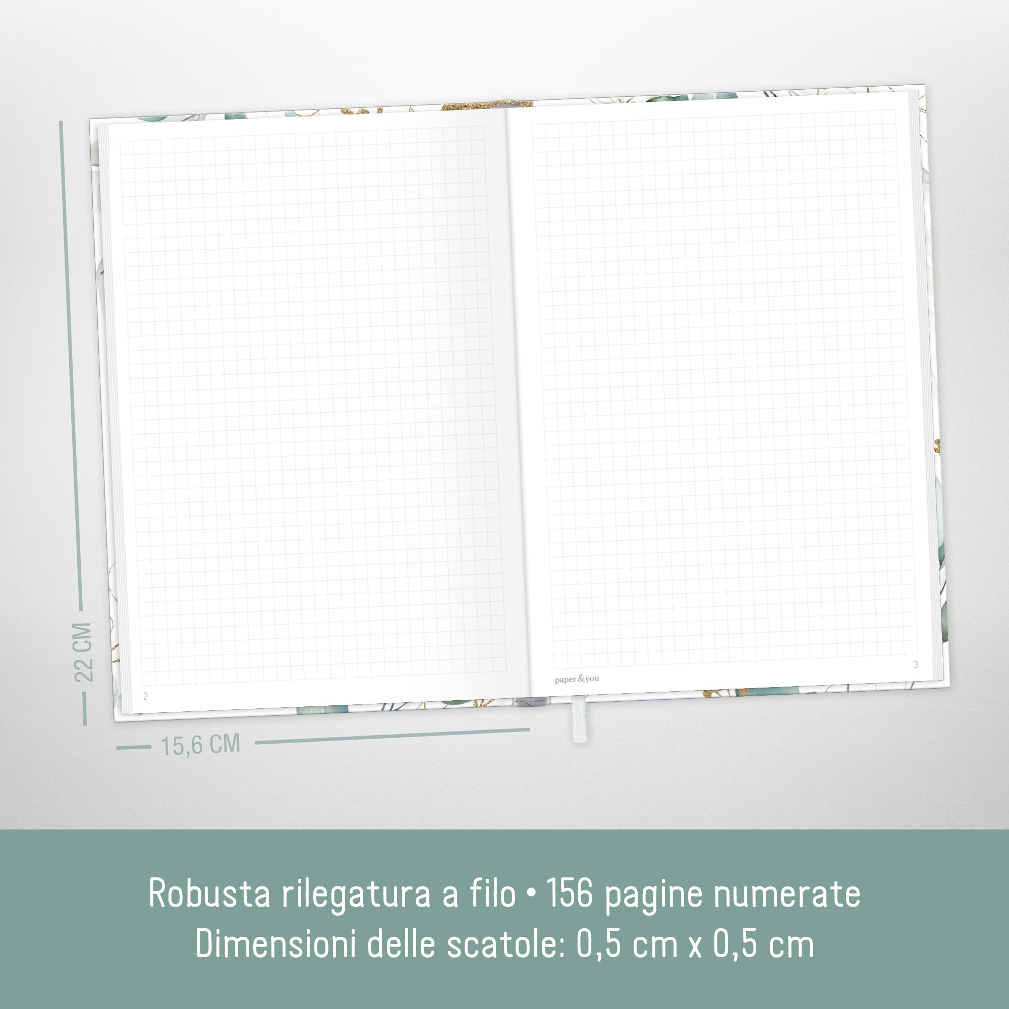 Taccuino A5+ Con Fogli A Quadretti: Quaderno Sostenibile Con Elastico - 156 Pagine, Motivo Foglie Dorate