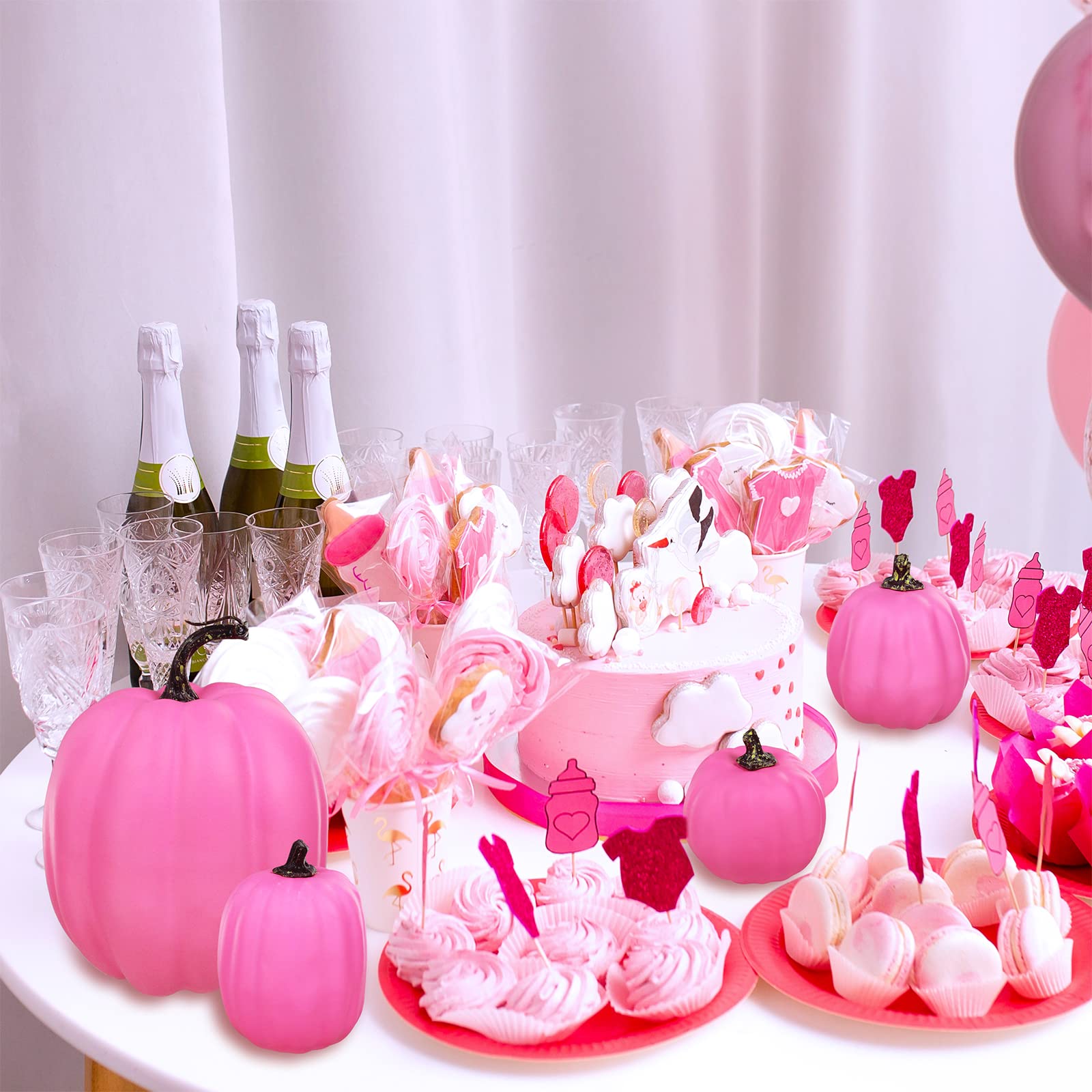 7 zucche artificiali di dimensioni assortite rosa shocking autunnali decorative zucche in schiuma rosa scuro per regali autunnali Halloween Ringraziamento matrimonio baby shower fattoria tavolo