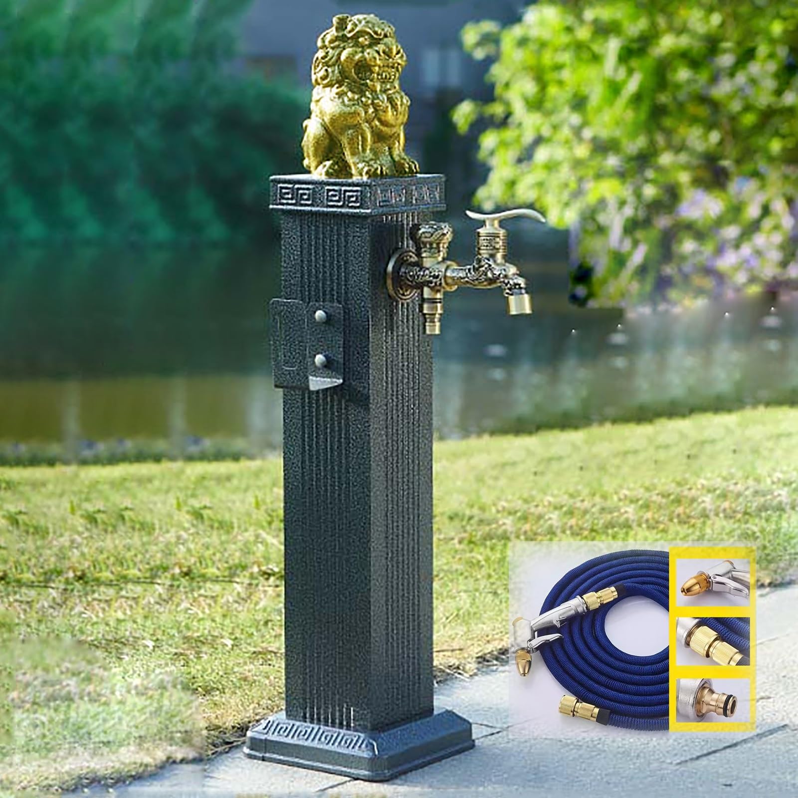 XBTGS Independent Water Column for Garden, Gold, 112 cm Height, Double Outside Tap, Hydrant for Antifreeze Hose, Cong Proof Tap, Gray-Gold+Spray Gun-69cm/27in