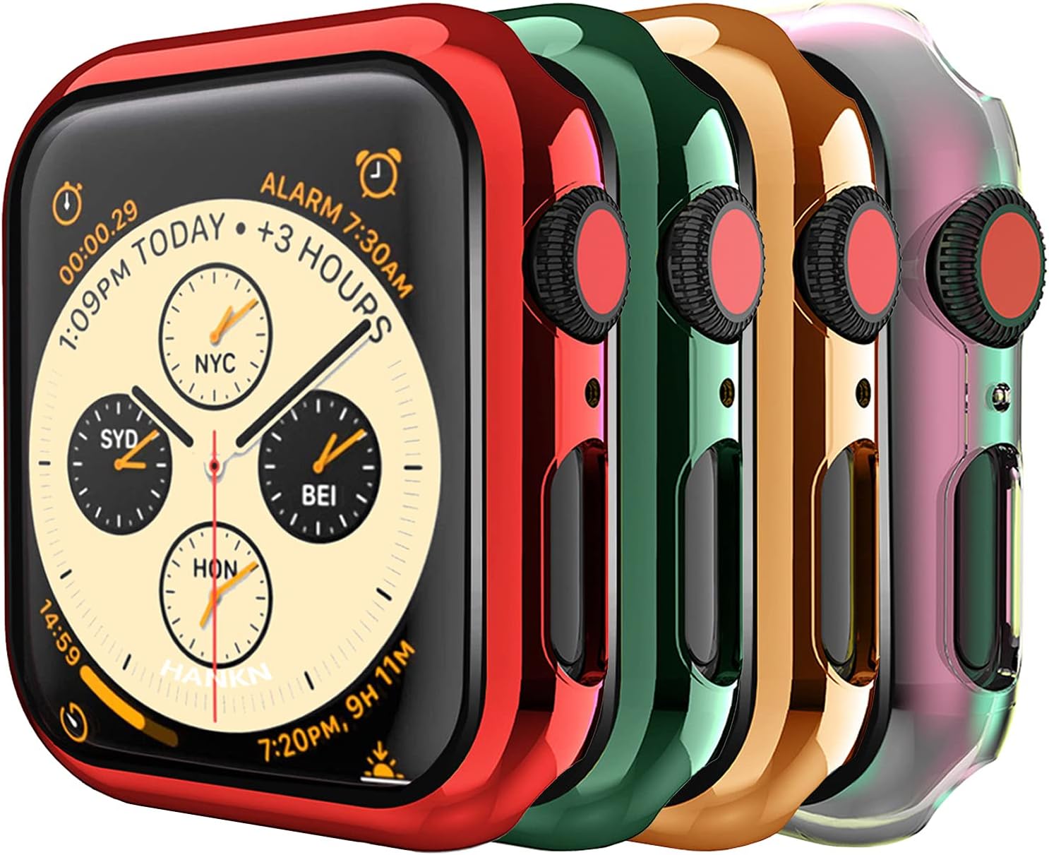 HANKN 4-Pack Plated Case for Apple Watch Series Se 6 5 4 3 2 1 Tempered Glass Screen Protector Hard PC Full Coverage Cover HD Iwatch Bumper (Red+Green+RoseGold+Rainbow, 44mm)