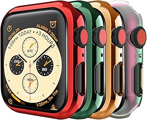 HANKN 4-Pack Plated Case for Apple Watch Series Se 6 5 4 3 2 1 Tempered Glass Screen Protector Hard PC Full Coverage Cover HD Iwatch Bumper (Red+Green+RoseGold+Rainbow, 44mm)