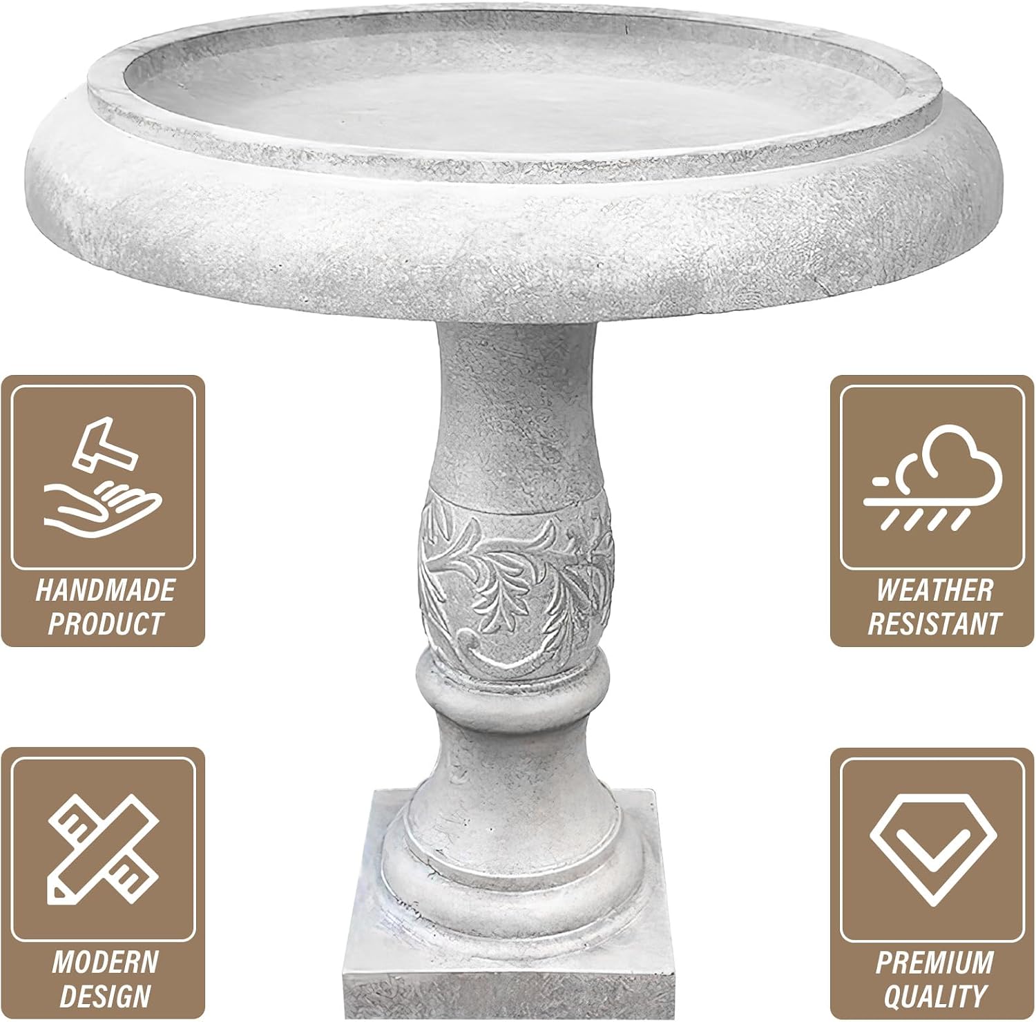 Kante 24.25 Inch Tall Handmade Concrete Birdbath, Elegant Outdoor Garden and Backyard Decor, Classic