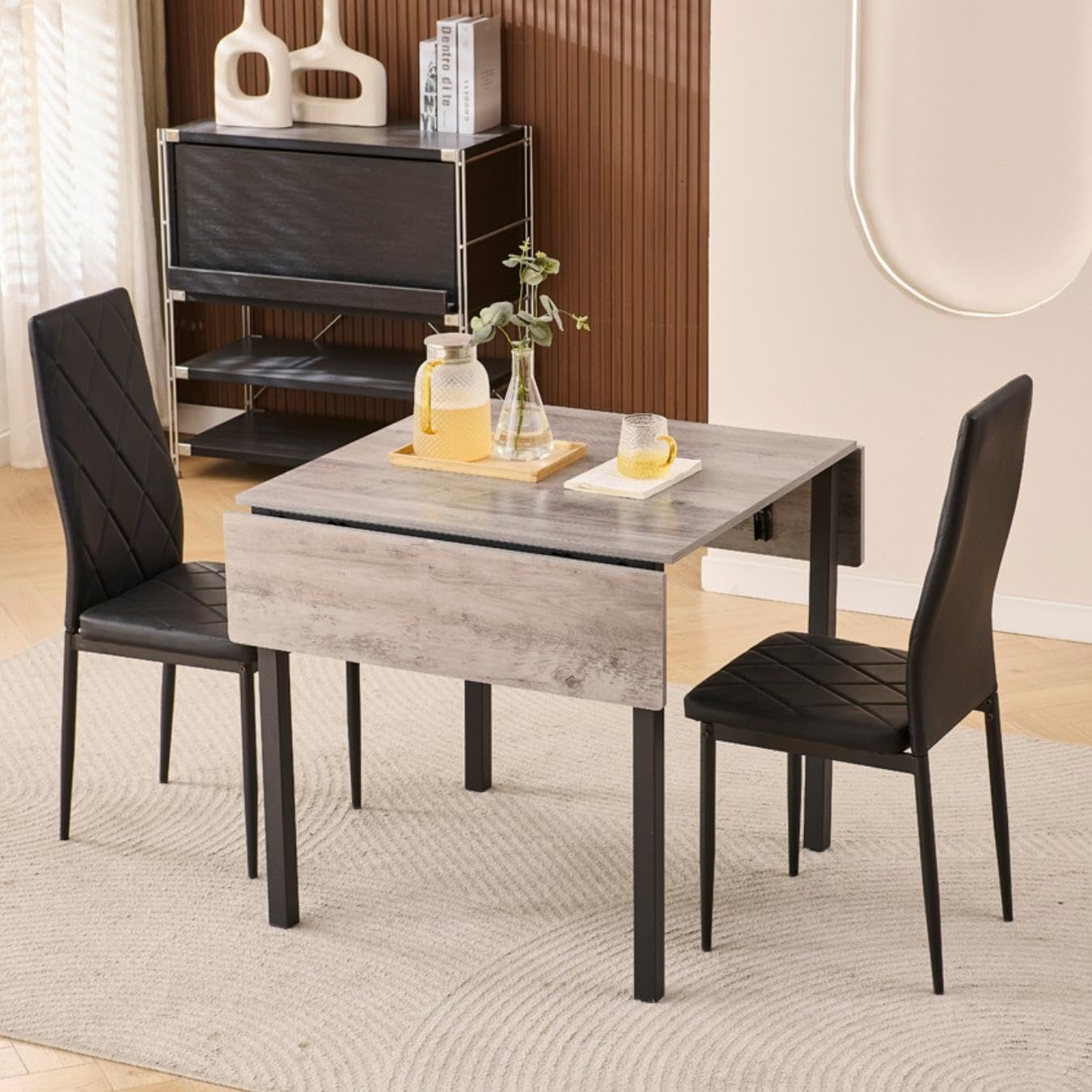 Homullel Drop Leaf Folding Dining Table and Chairs Set 2 Seater Dining Room Dinner Set for Small Spaces, Foldable Small Kitchen Table, Space Saving, Extendable (2 chairs, Fuax Leather Black #2)