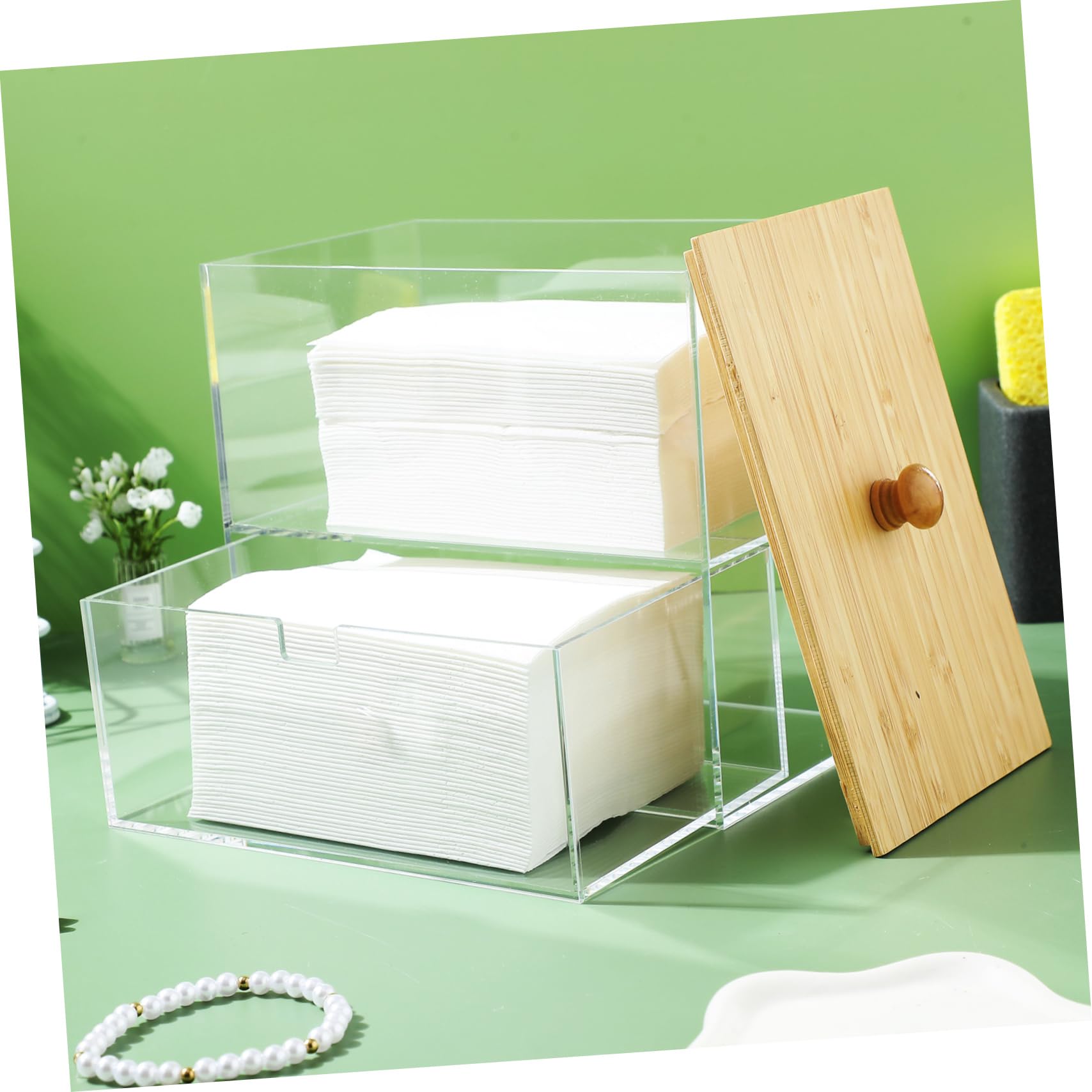 Aufbewahrungsbox mit Deckel aus Acryl und Bambus Wäschekapsel Organizer mit Doppeltem Fach für Geordnete Wäscheaufbewahrung im Waschraum