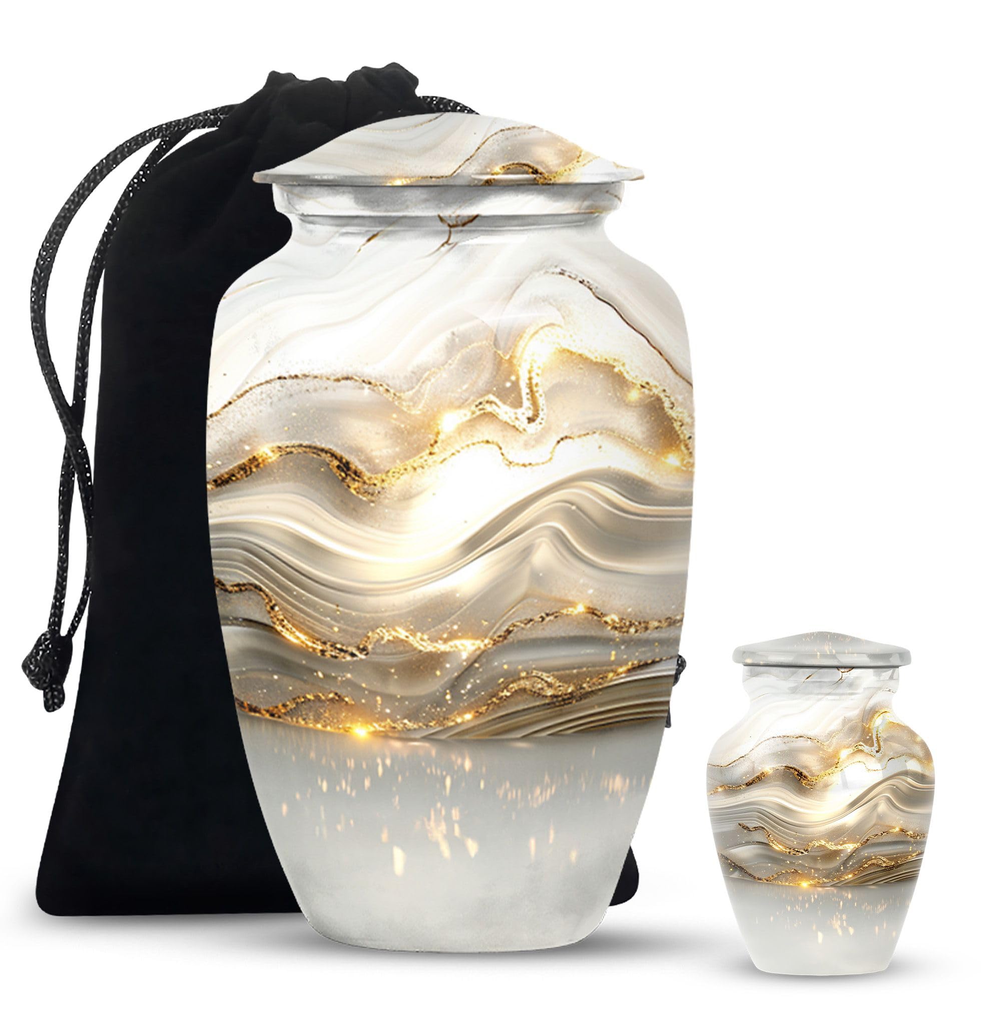 Golden Horizon - Human Ashes Urns - Ashes Urn Adult - Combo of 1 Large Urn with Velvet Bag and 1 Small - Adult Funeral Urn - Urn Burial - Cremation Urns for Human Ashes - Memorial Ashes Urn