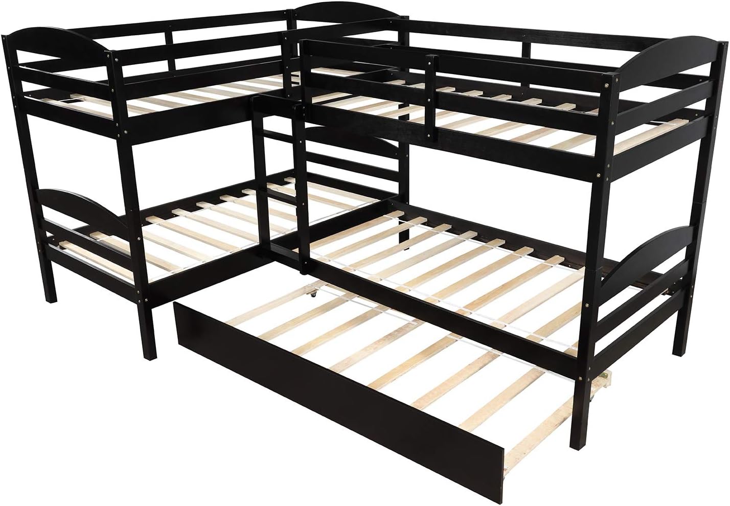 MERITLINE Twin Over Twin Bunk Bed for Kids, Wood L-Shaped Corner Bunk Bed Frame with Trundle 5 Bed Bunk Bed with Full Length Guardrails and Flat Ladder,5 Bed Bunk Espresso