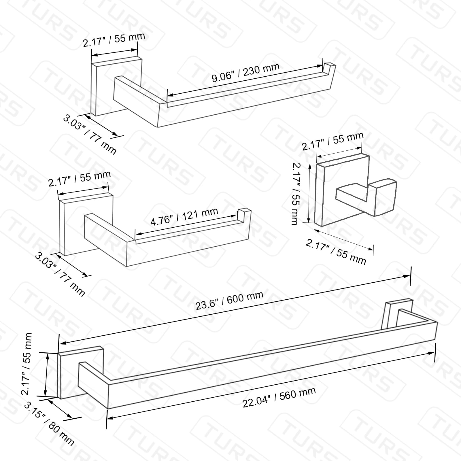 TURS Kit de Accesorios Baño Juego de 5 Accesorios de baño de Cromo Pulido, Soporte para Toallas de Mano y 2 Ganchos para Toallas, Montaje en Pared de Acero Inoxidable